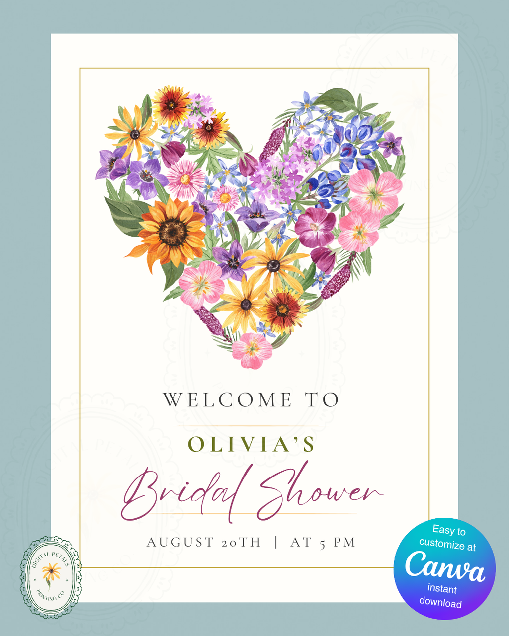 Boho Wildflower Heart Bridal Shower Welcome Sign | Editable Canva Template | Digital Download
