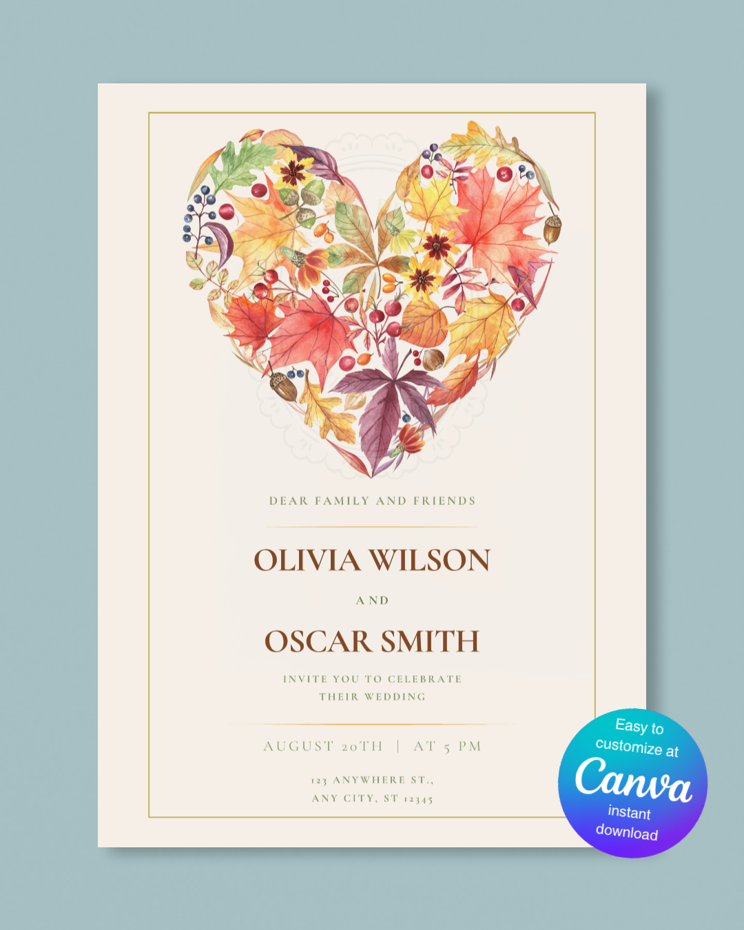 Terracotta & Rust Fall Heart Wedding Invitation — Editable Digital Download Template