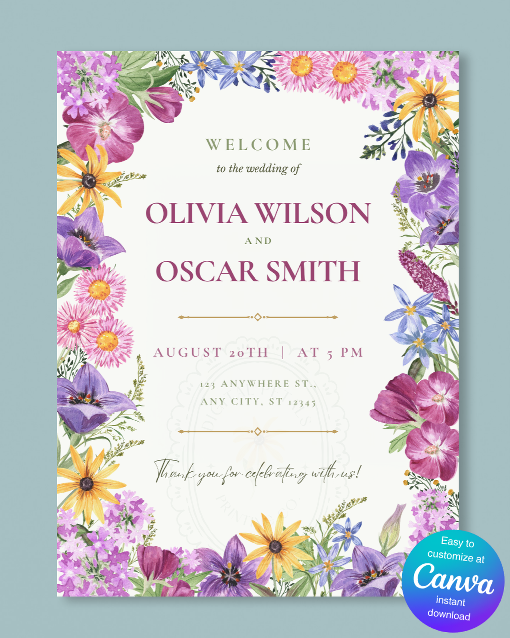 Wedding Welcome Sign Printable | Colorful Wildflower Canva Template | Digital Download