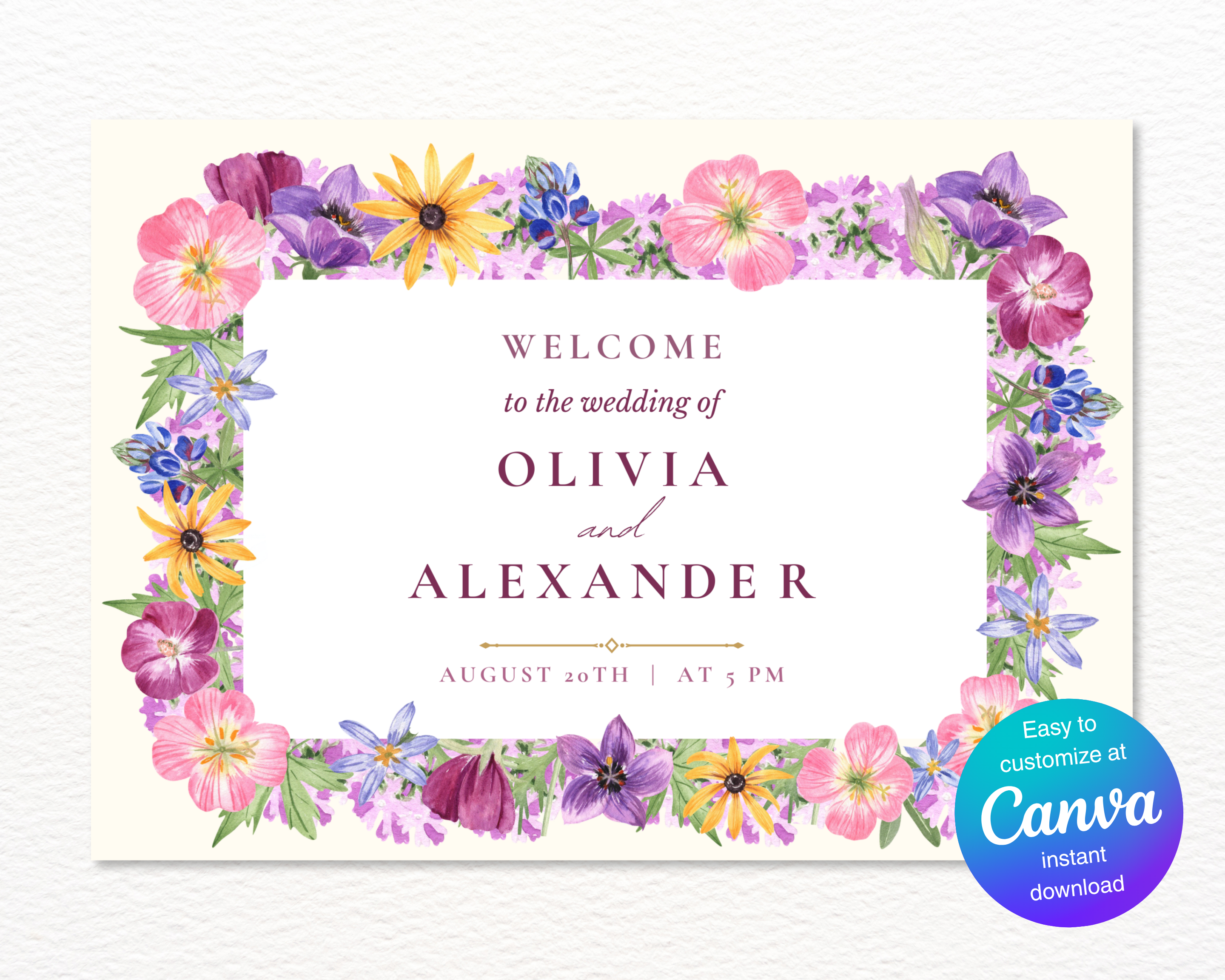 Garden Party Wedding Welcome Sign | Pressed Flower Aesthetic | Editable Canva Template