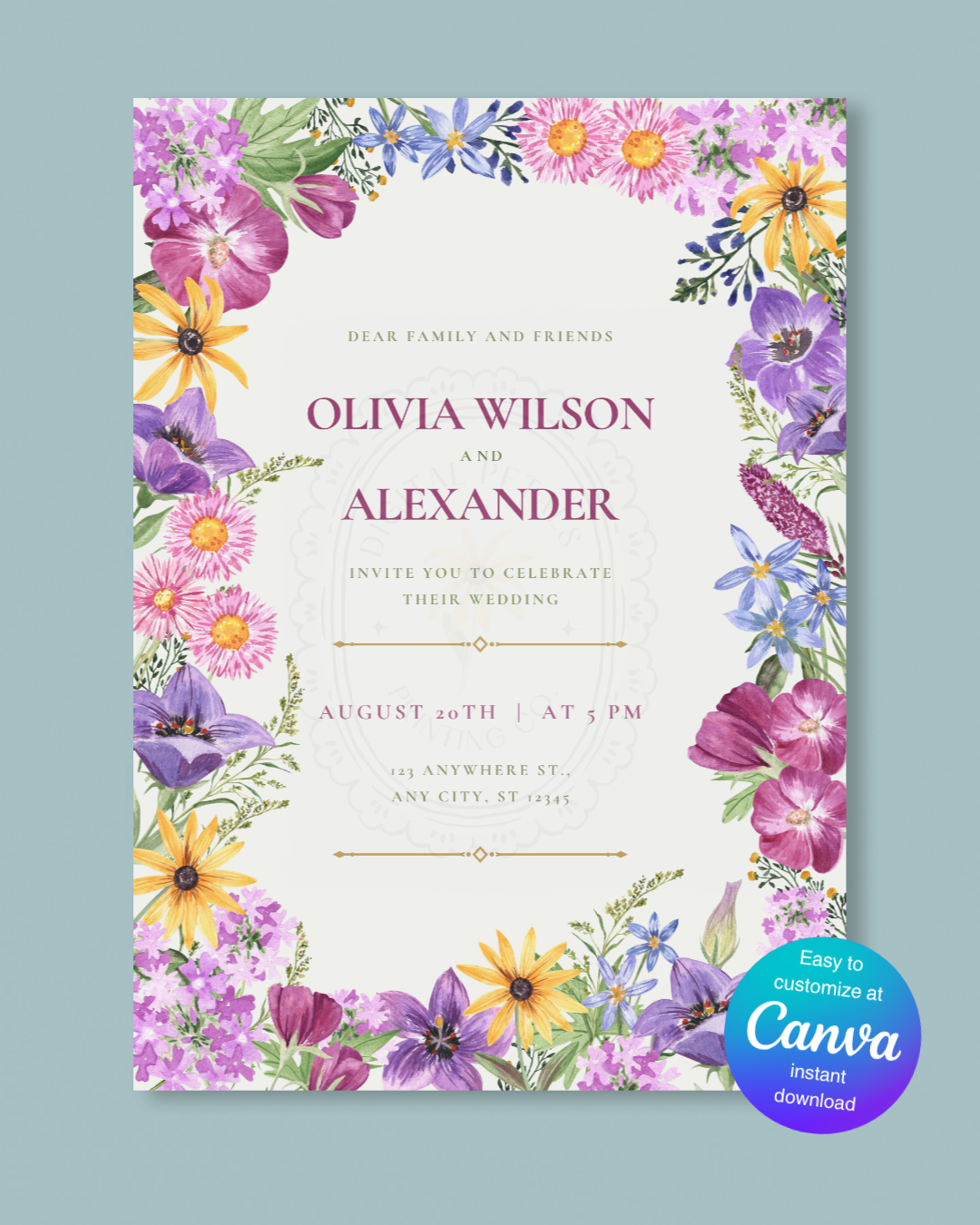 Boho Wildflower Border Wedding Invitation | Printable Botanical Invite | Digital Download