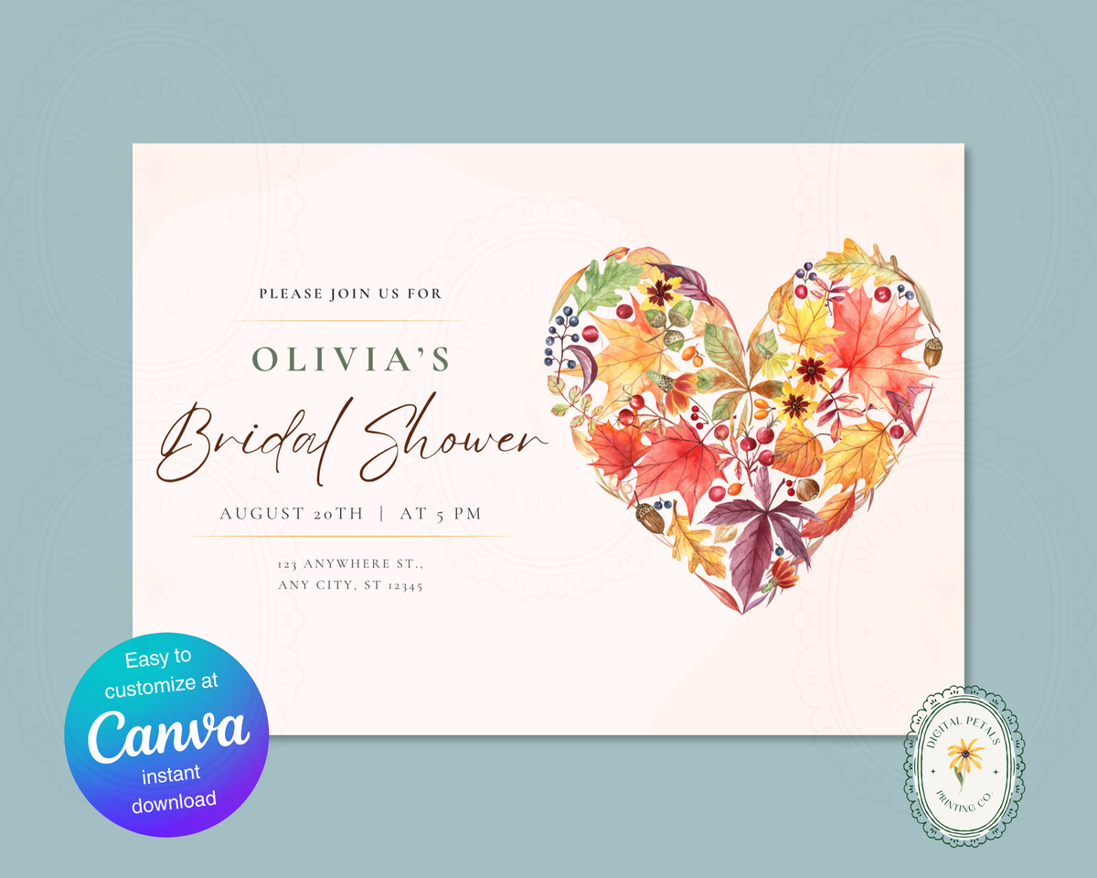Amber Fall Heart Bridal Shower Invitation | Printable Landscape Template | Digital Download