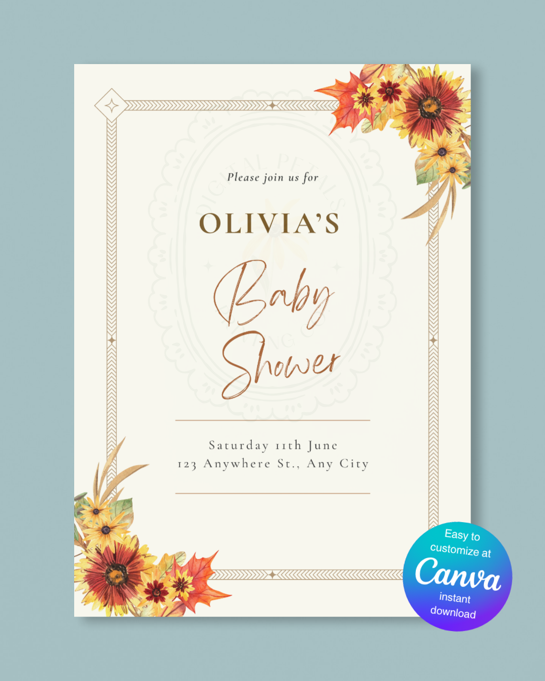 Rustic Fall Wildflowers Baby Shower Invitation Template | Hand Painted Cottagecore Digital Download