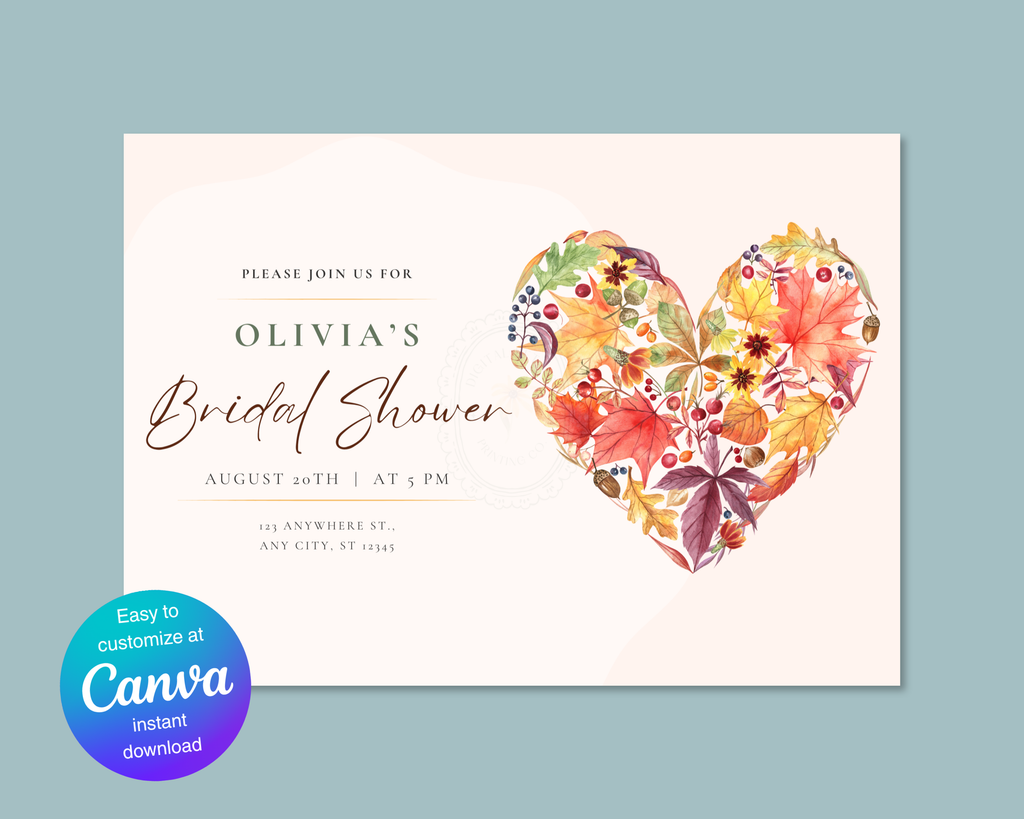Amber Fall Heart Bridal Shower Invitation | Printable Landscape Template | Digital Download