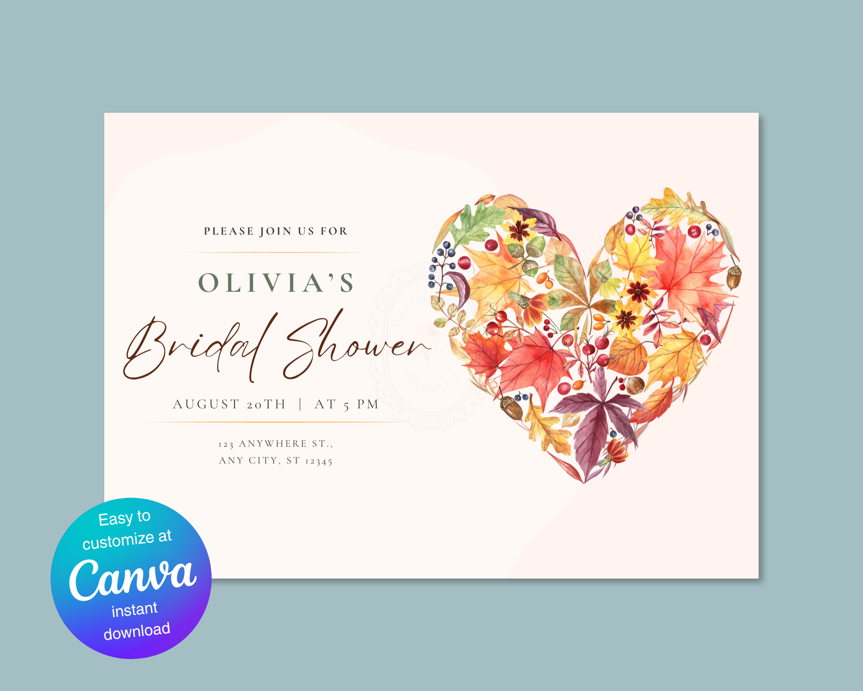 Amber Fall Heart Bridal Shower Invitation | Printable Landscape Template | Digital Download