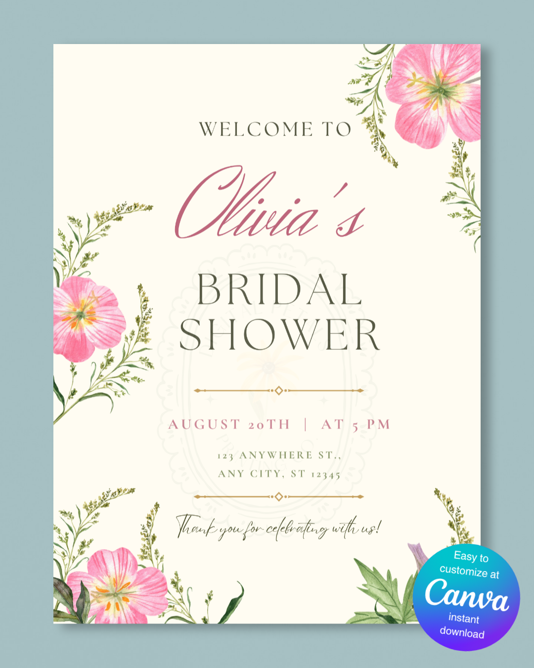 Dusty Rose & Blush Pink Wildflower Bridal Shower Welcome Sign | Editable Canva Template | Digital Download
