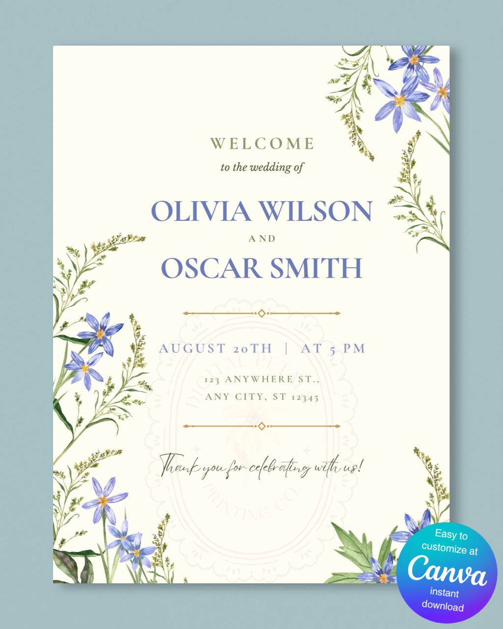 Powder Blue Wildflower Wedding Welcome Sign | Editable Canva Template | Digital Download