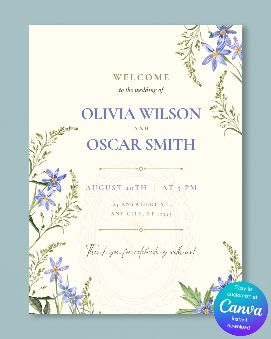 Powder Blue Wildflower Wedding Welcome Sign | Editable Canva Template | Digital Download