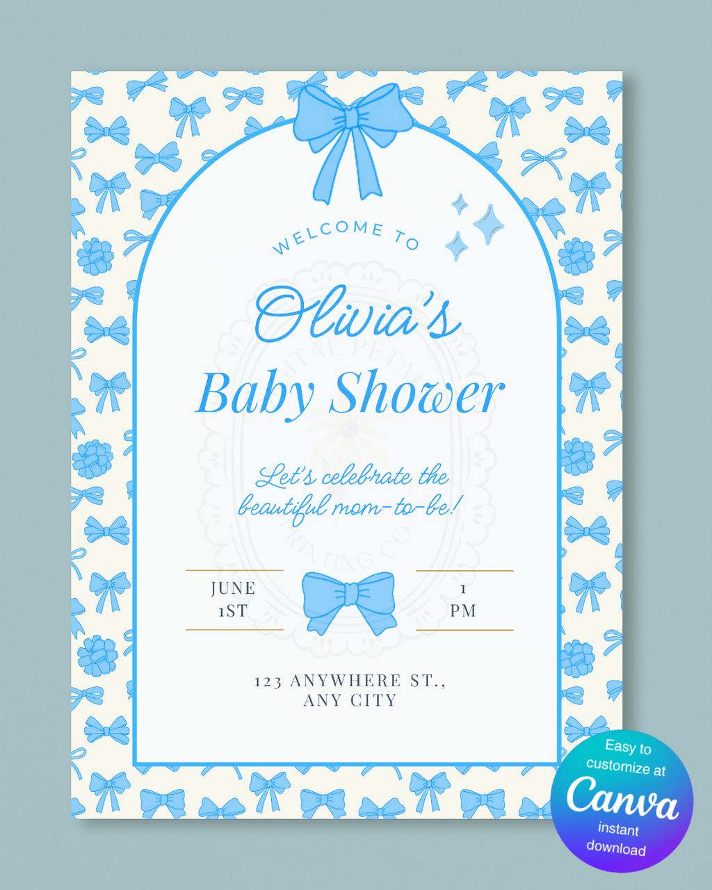 Baby Boy Shower Welcome Sign Template | Blue Ribbons & Bows | Canva Editable