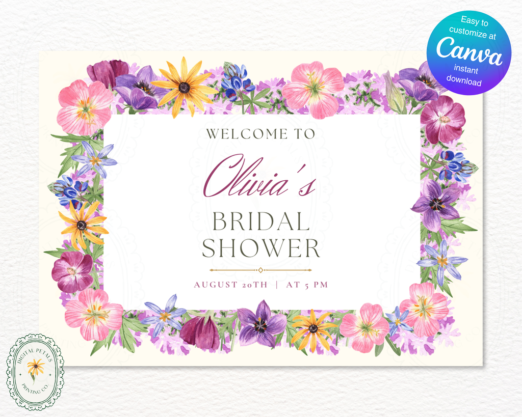 Bridal Shower Garden Party Welcome Sign Wildflower Border Template | Editable Canva Digital Download