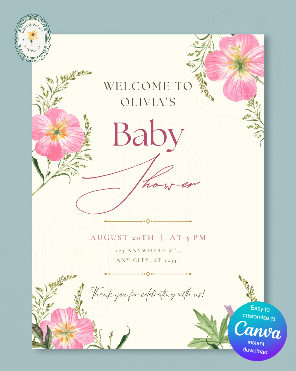 Dusty Rose & Blush Pink Wildflower Baby Shower Welcome Sign | Editable Canva Template | Digital Download