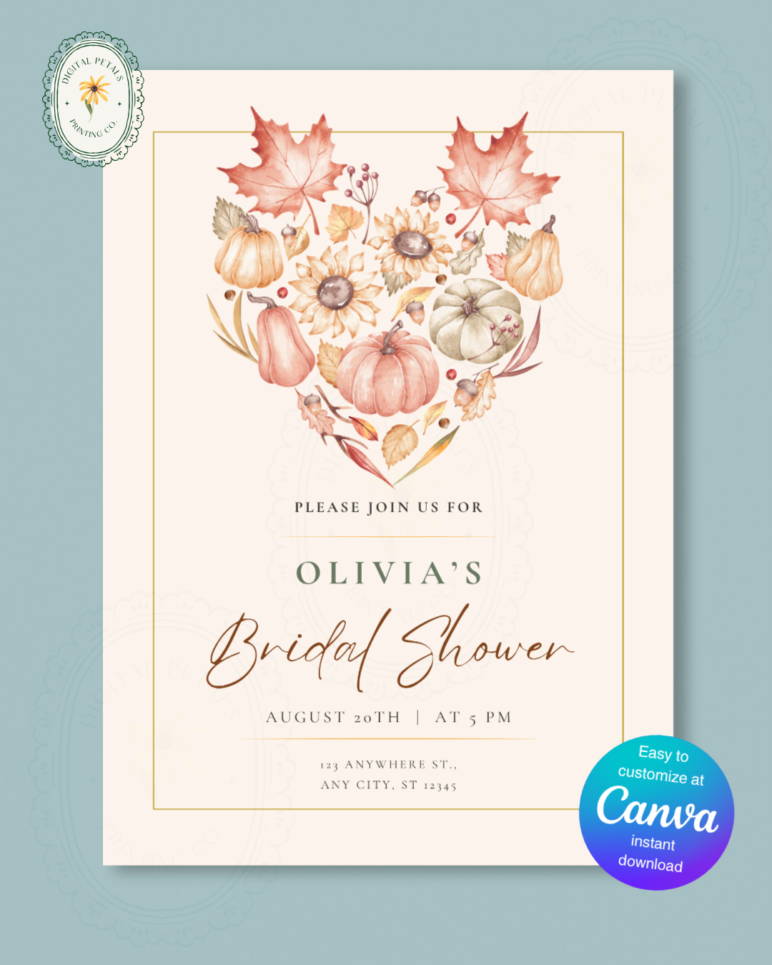 Burgundy Fall Leaves Bridal Shower Invitation Template | Editable Canva Digital Download