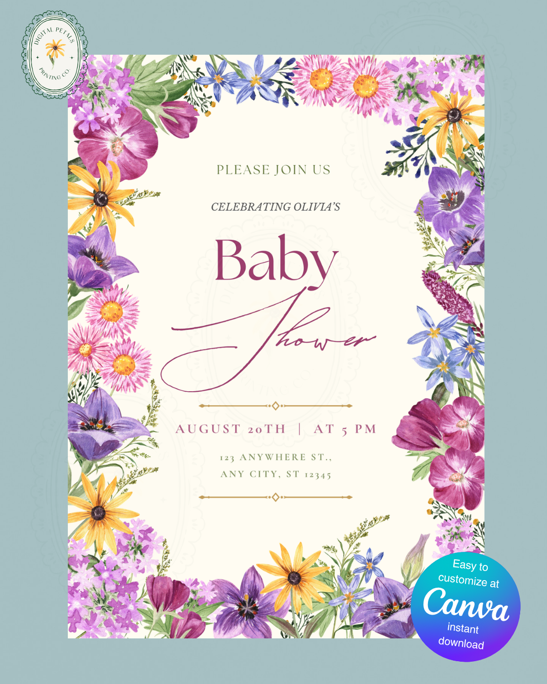 Boho Wildflower Baby Shower Invitation | Printable Floral Invite | Digital Download