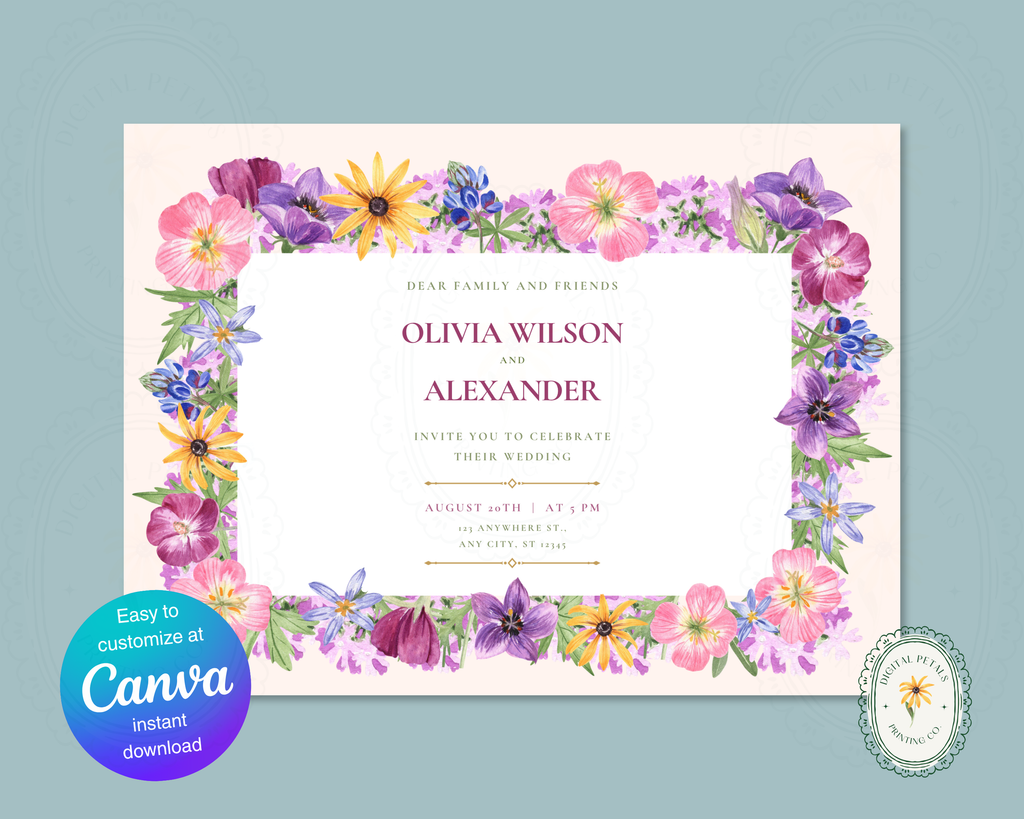 Dusty Lilac Wildflower Border Wedding Landscape Invitation | Printable Landscape Template | Digital Download