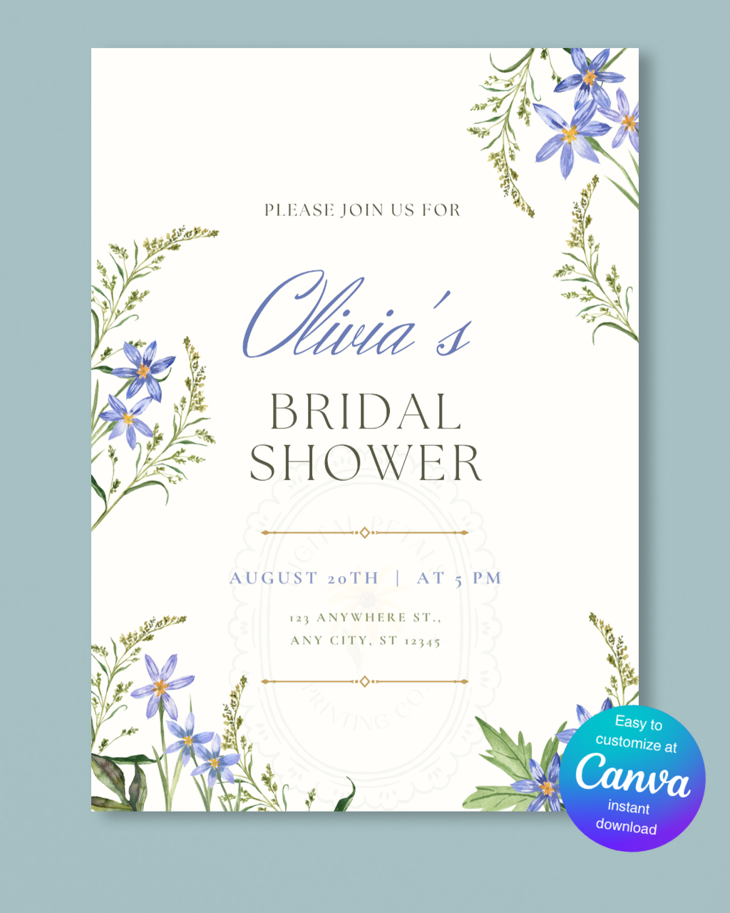 Powder Blue Wildflower Bridal Shower Invitation | Minimalist Printable Invite | Digital Download