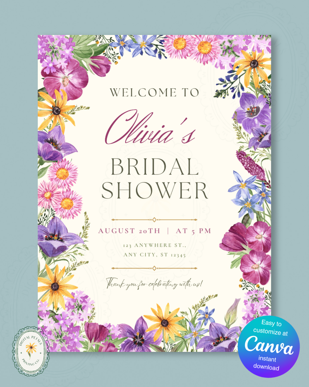 Boho Wildflower Border Bridal Shower Welcome Sign | Editable Canva Template | Digital Download