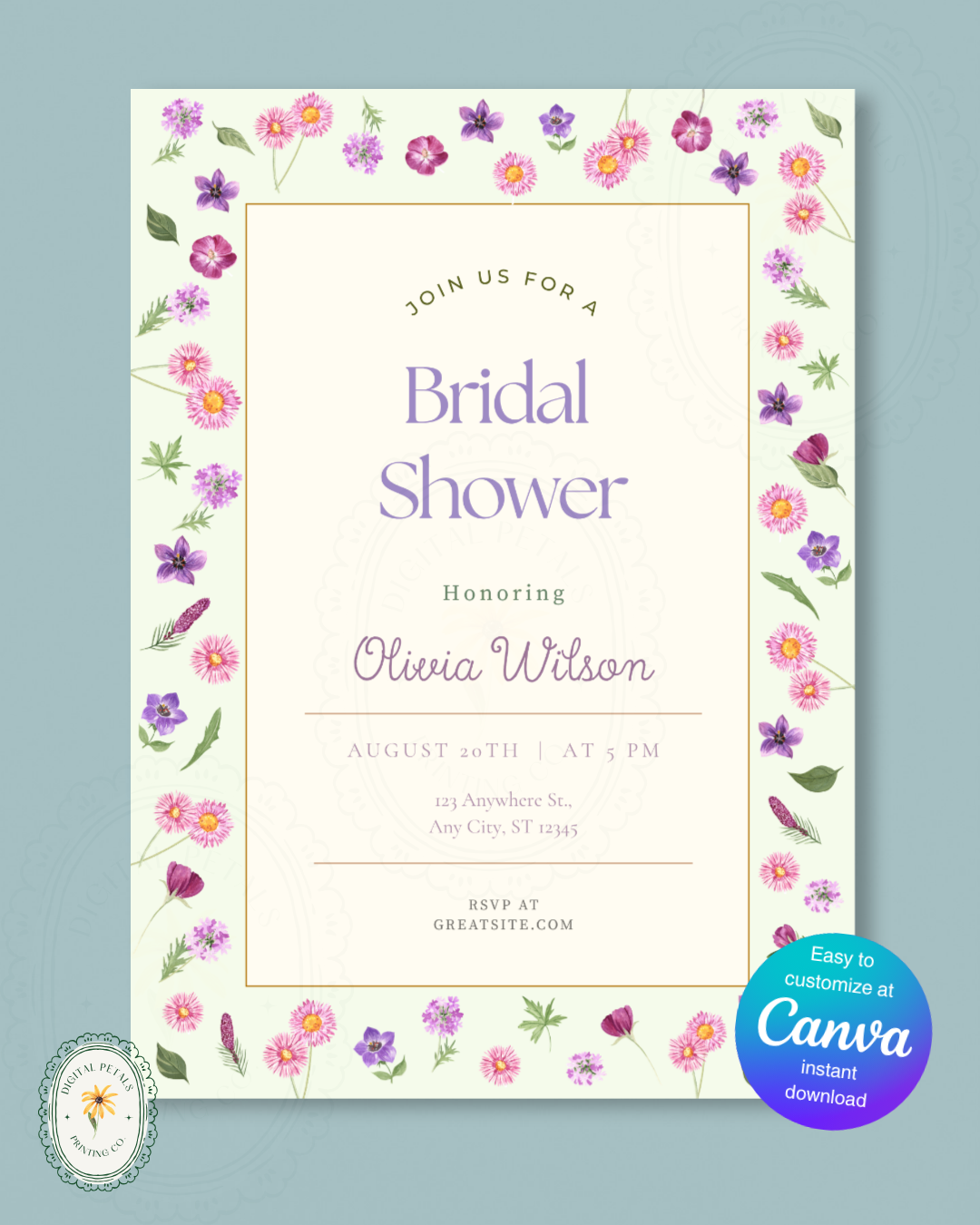 Spring Garden Wildflowers Bridal Shower Invitation Template | Editable Canva Digital Download