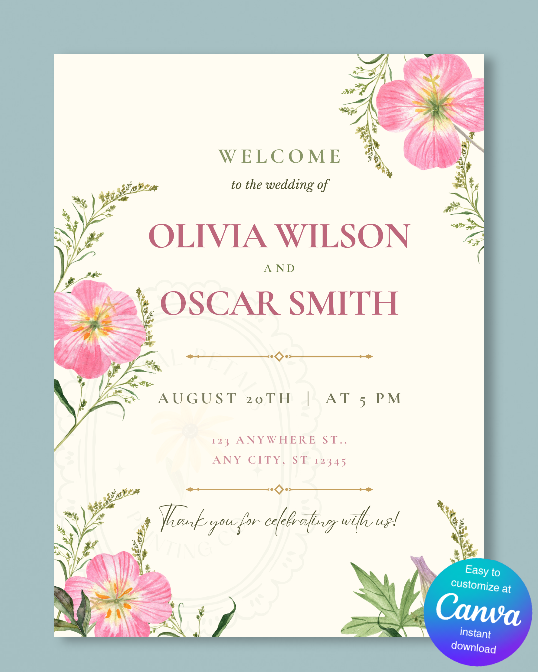 Dusty Rose & Blush Pink Wildflower Wedding Welcome Sign | Editable Canva Template | Digital Download