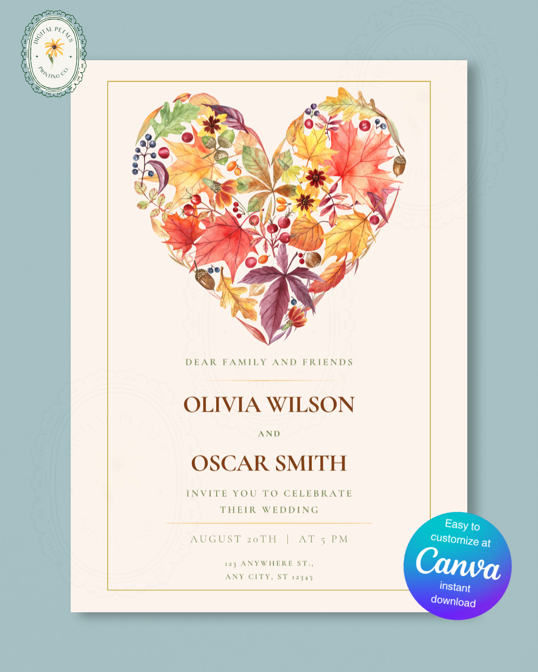Terracotta & Rust Fall Heart Wedding Invitation — Editable Digital Download Template
