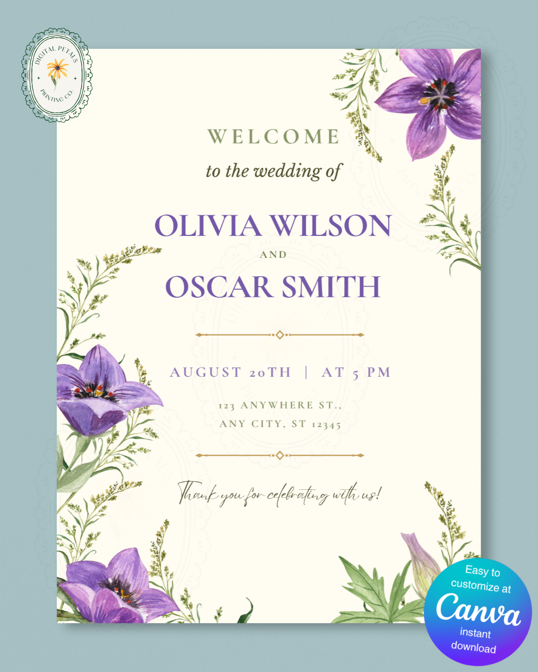 Violet & Periwinkle Wildflower Wedding Welcome Sign | Editable Canva Template | Digital Download