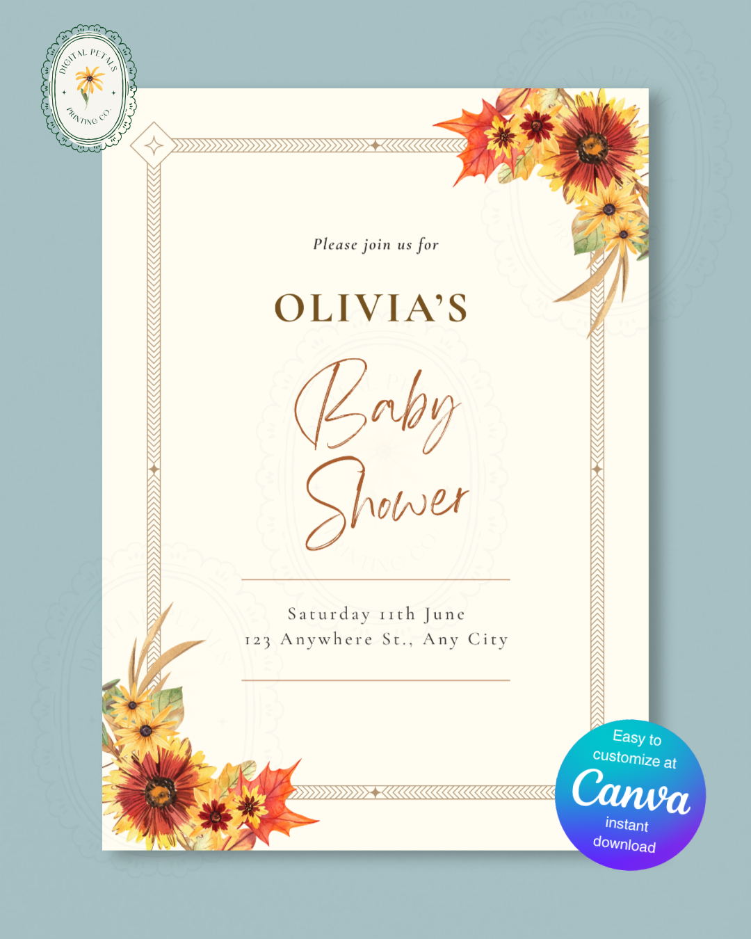 Rustic Fall Wildflowers Baby Shower Invitation Template | Hand Painted Cottagecore Digital Download