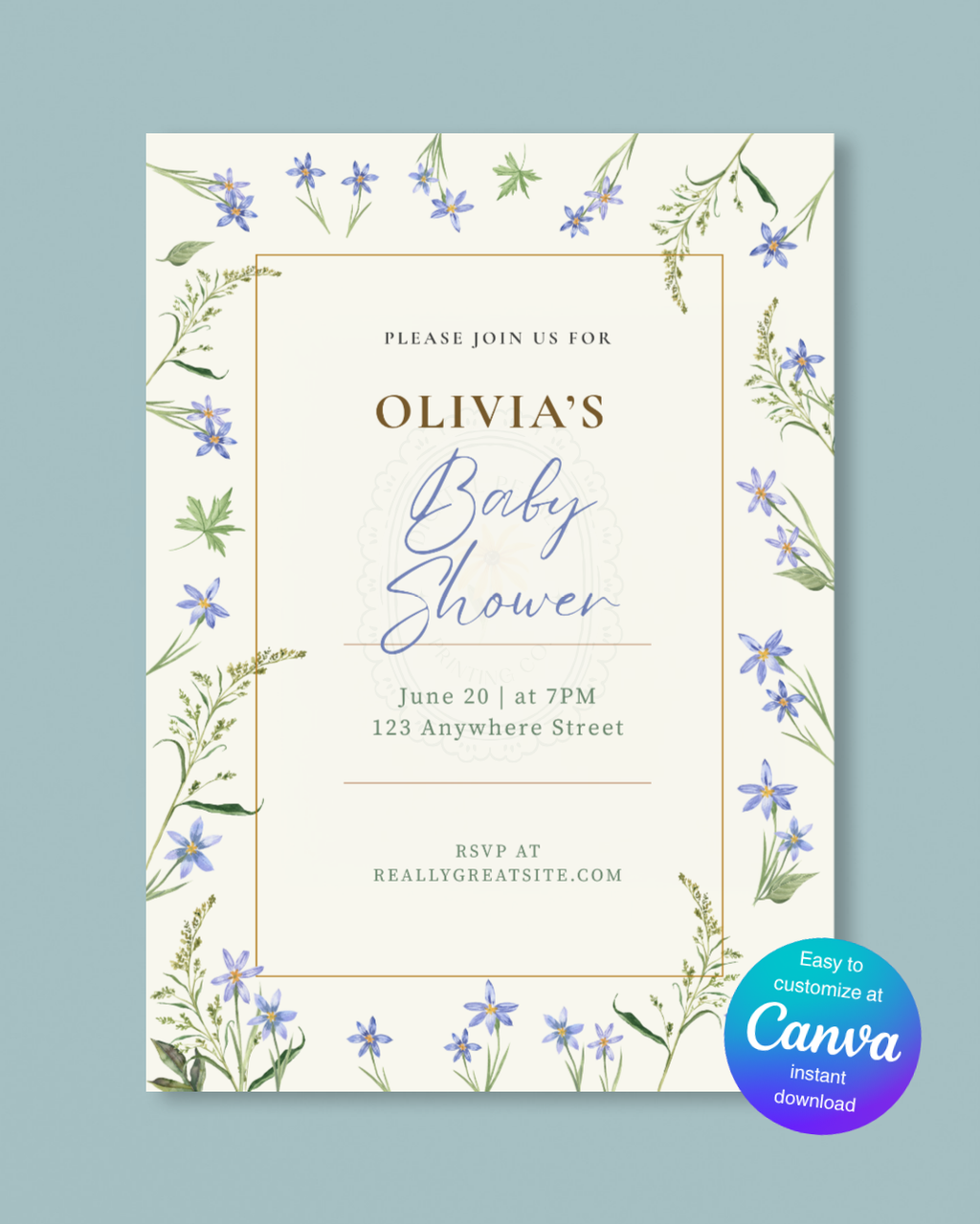 Blue Floral Border Baby Shower Invitation Template | Editable Digital Download