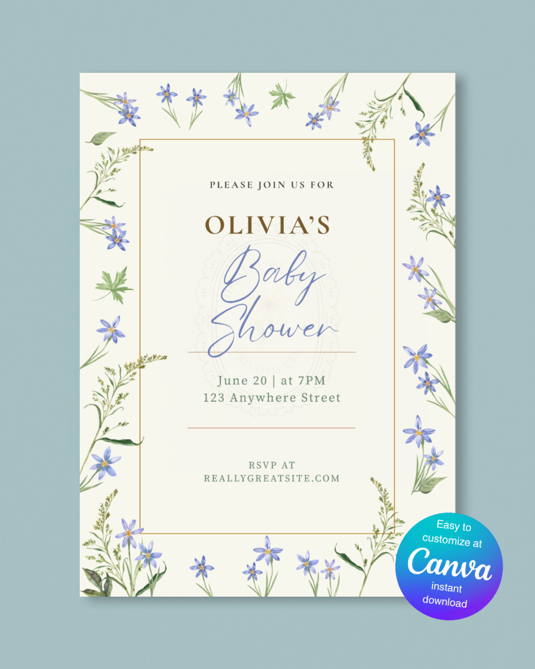 Blue Floral Border Baby Shower Invitation Template | Editable Digital Download