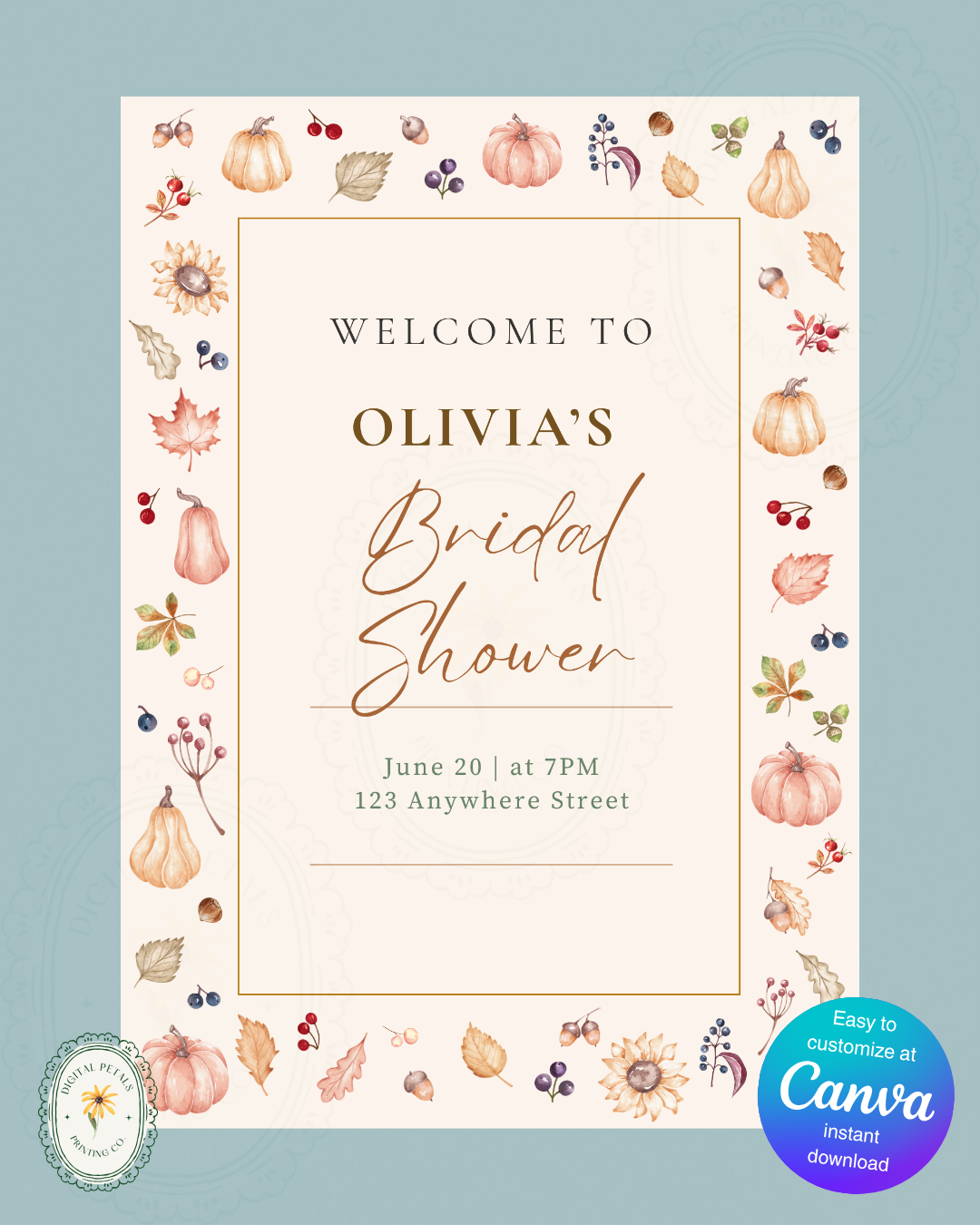 Autumn Harvest Wildflowers Bridal Shower Welcome Sign Template | Editable Canva Digital Download