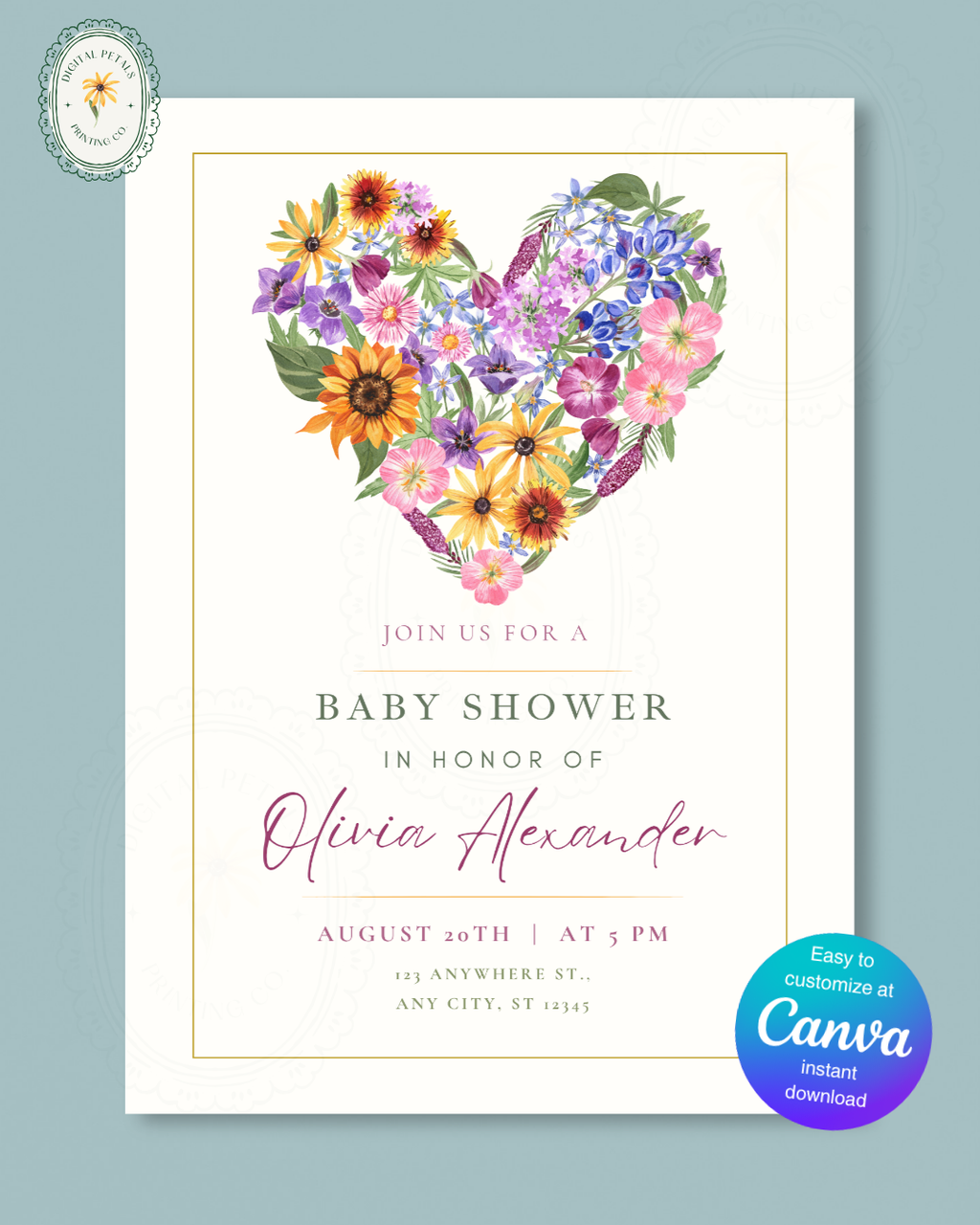 Boho Wildflower Heart Baby Shower Invitation — Editable Digital Download Template