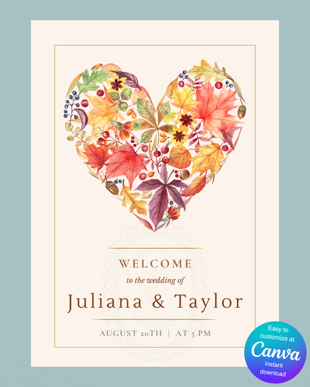 Fall Heart Wedding Welcome Sign | Editable Canva Template | Instant Digital Download