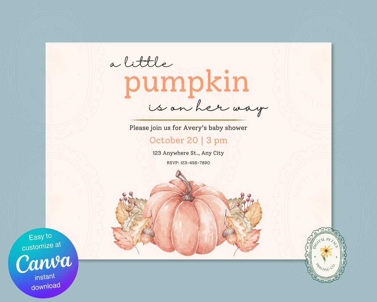 A Little Pumpkin Baby Shower Invitation | Autumn Landscape Digital Download | Canva Editable