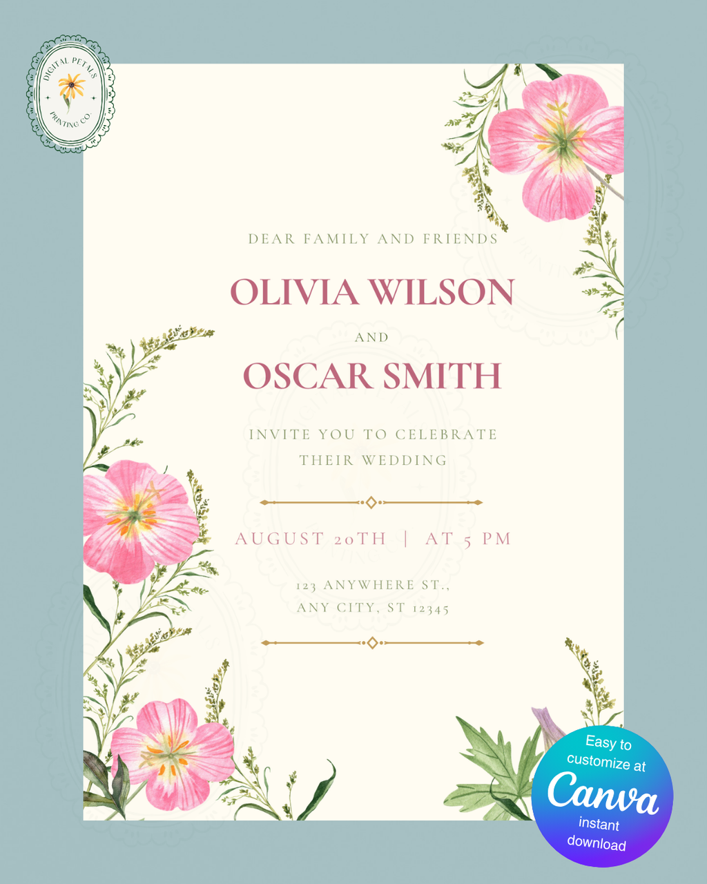 Dusty Rose & Blush Pink Primrose Wildflower Wedding Invitation | Minimalist Printable Invite | Digital Download