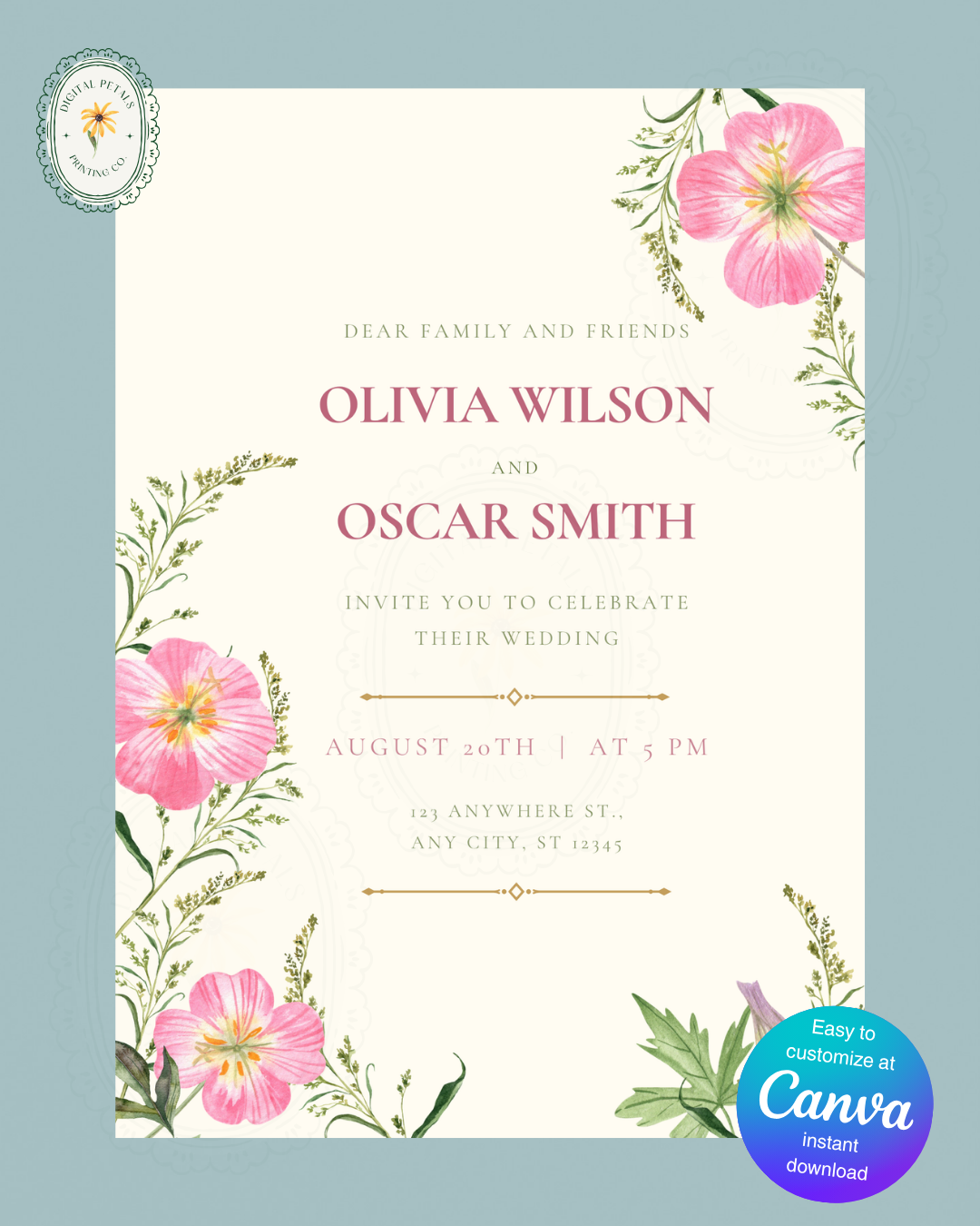 Dusty Rose & Blush Pink Primrose Wildflower Wedding Invitation | Minimalist Printable Invite | Digital Download