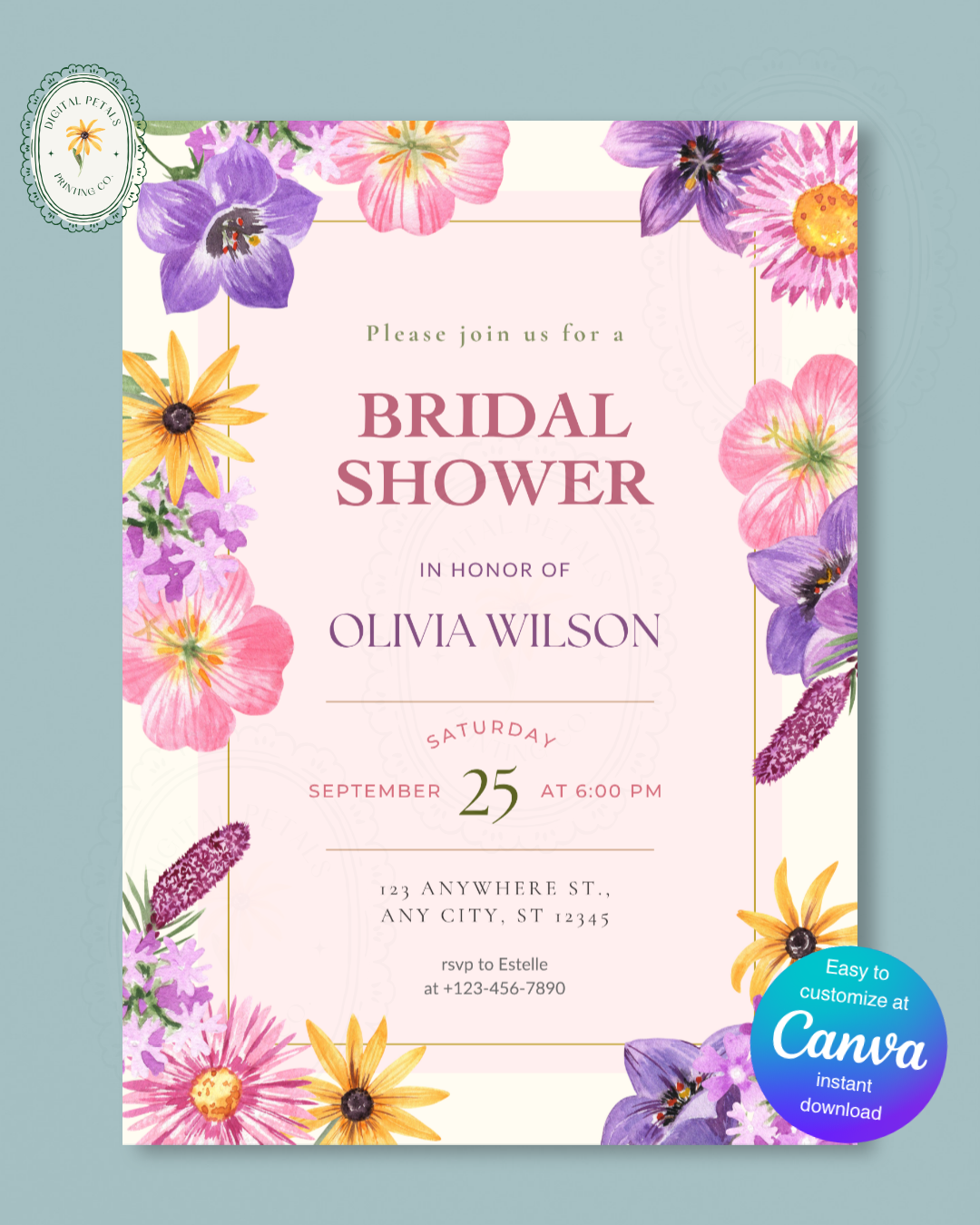 Wildflower Cottagecore Bridal Shower Invitation | Editable Canva Template, Floral Spring Botanical