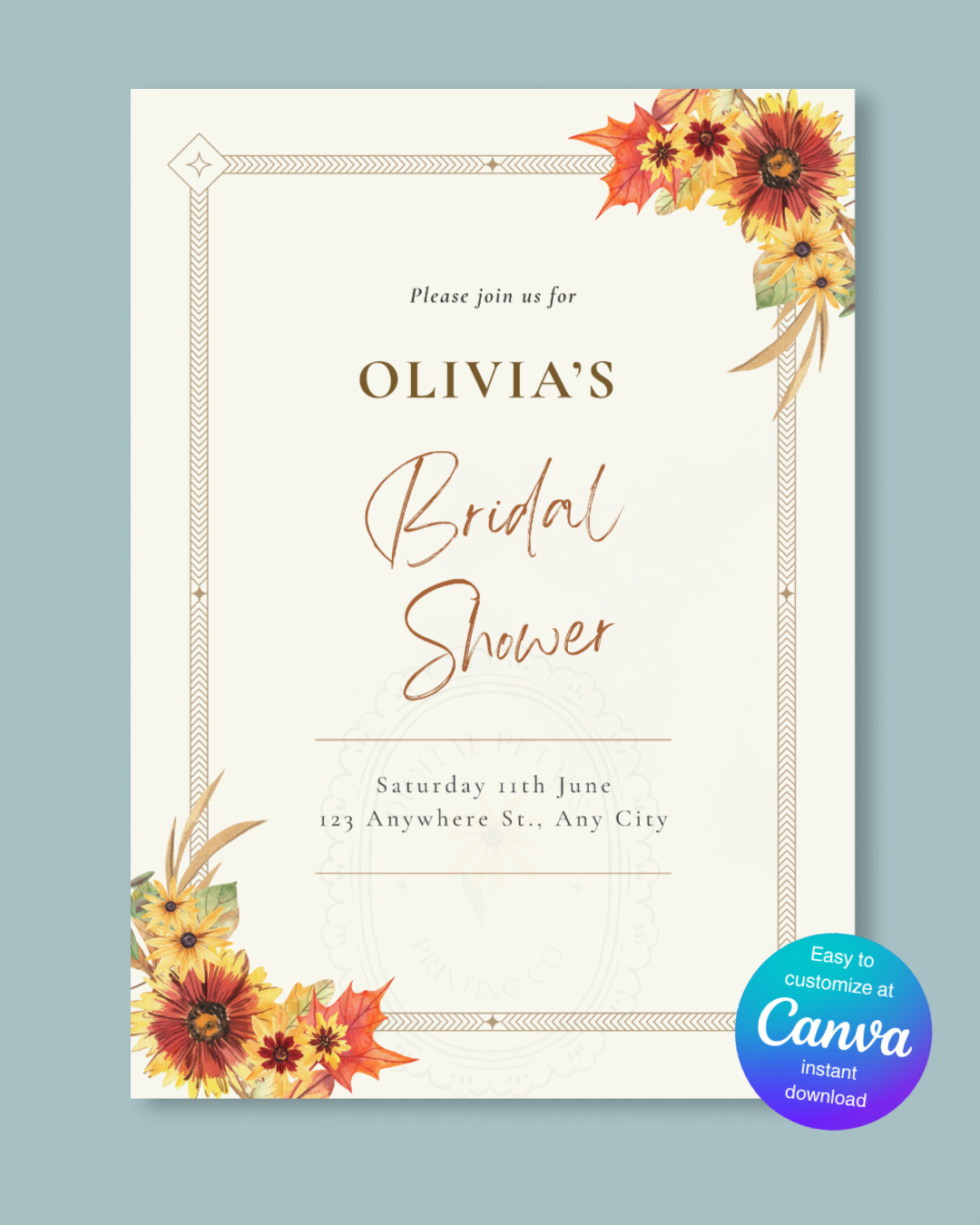 Rustic Fall Wildflowers Bridal Shower Invitation Template | Hand Painted Cottagecore Digital Download