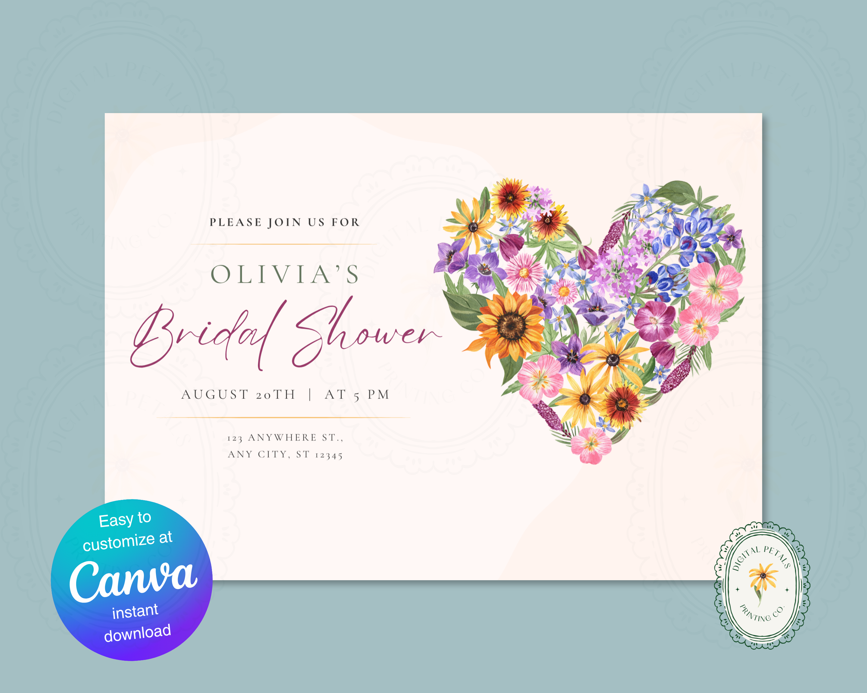 Lavender Cream Spring Heart Bridal Shower Invitation | Printable Landscape Template | Digital Download