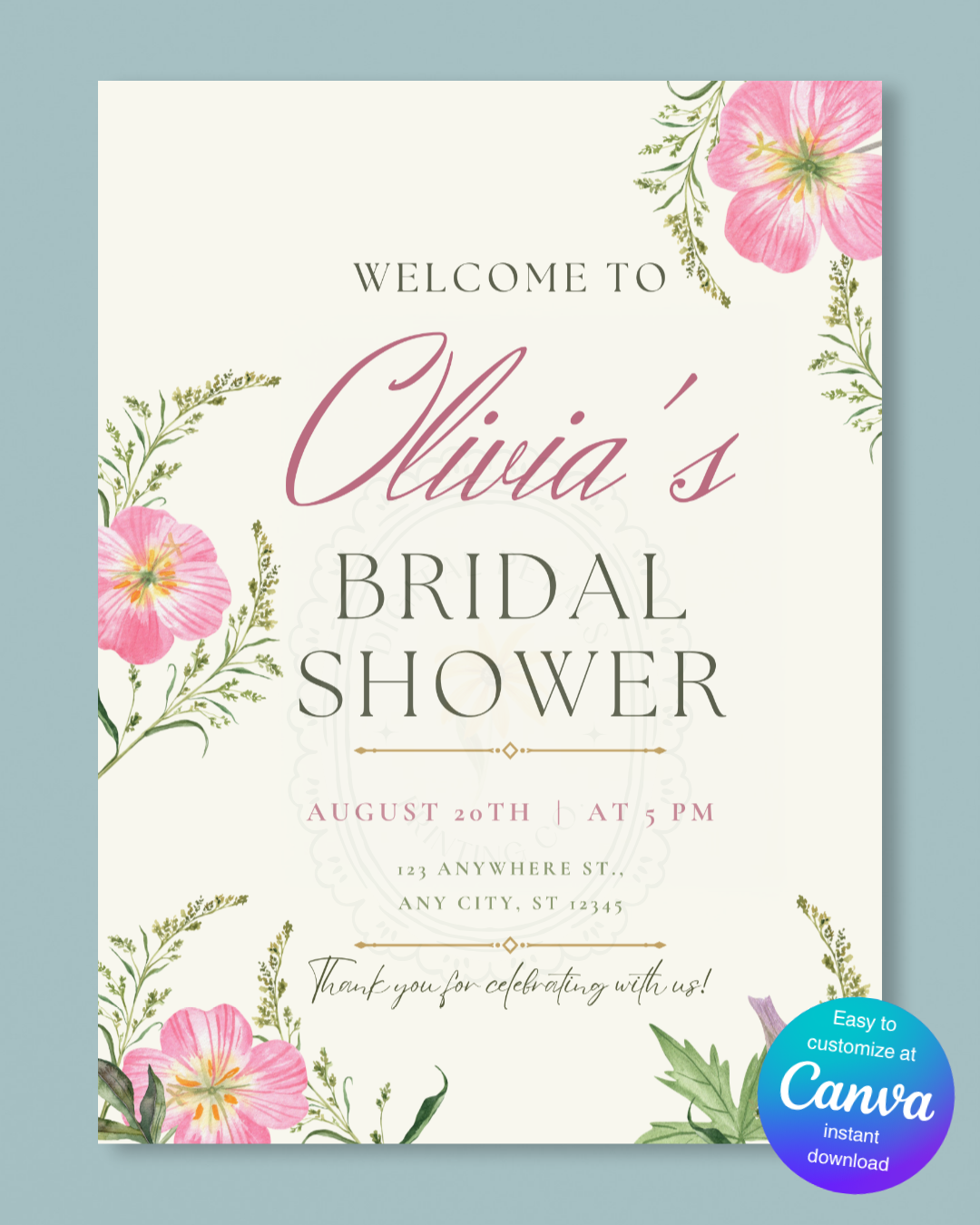 Pink Wildflower Bridal Shower Welcome Sign | Editable Canva Template | Digital Download