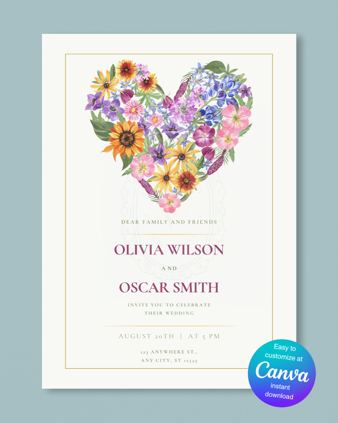 Boho Wildflower Heart Wedding Invitation — Editable Digital Download Template
