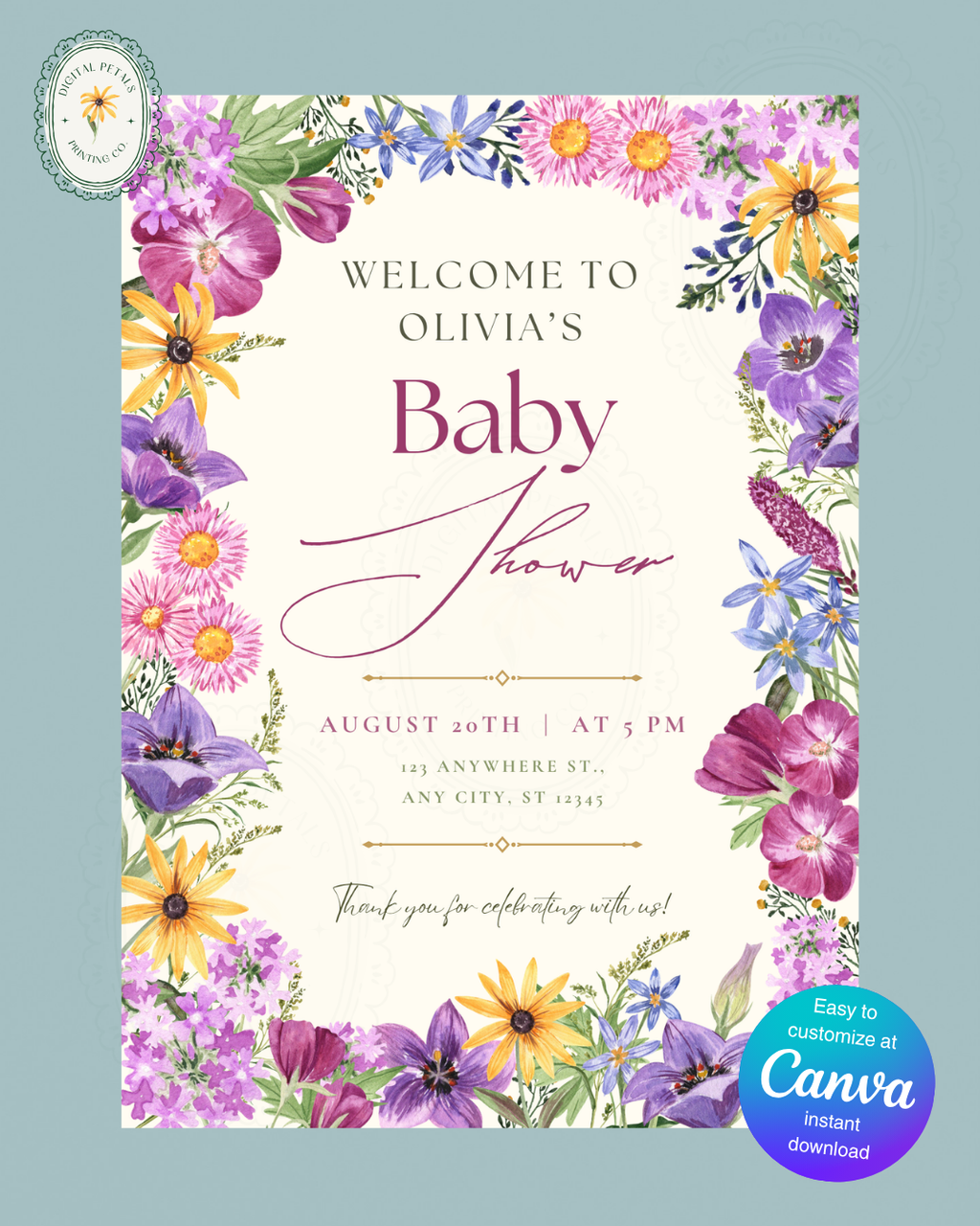Boho Wildflower Border Baby Shower Welcome Sign | Editable Canva Template | Digital Download