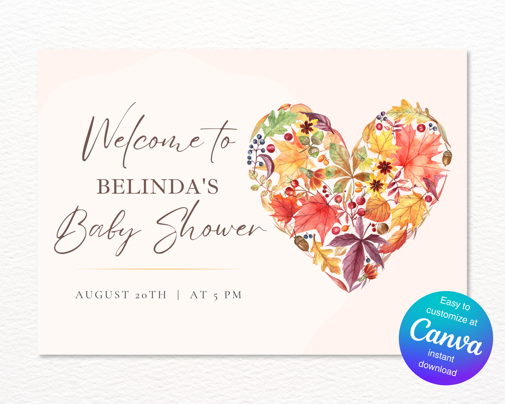 Fall Wildflower Baby Shower Welcome Sign | Boho Heart Border | Editable Canva Digital Download | Print at Home