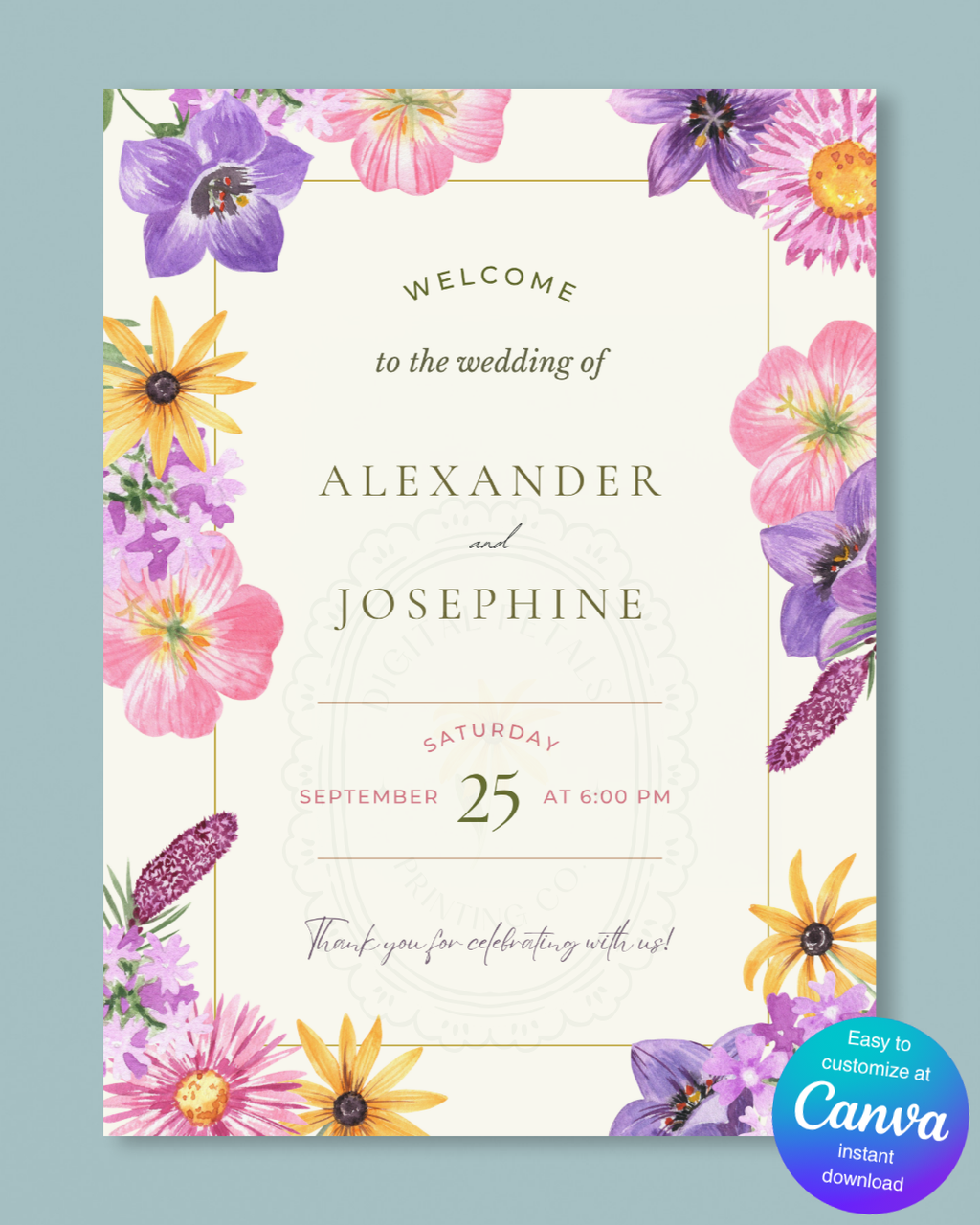 Wildflower Cottagecore Wedding Welcome Sign | Editable Canva Template, Floral Botanical Spring