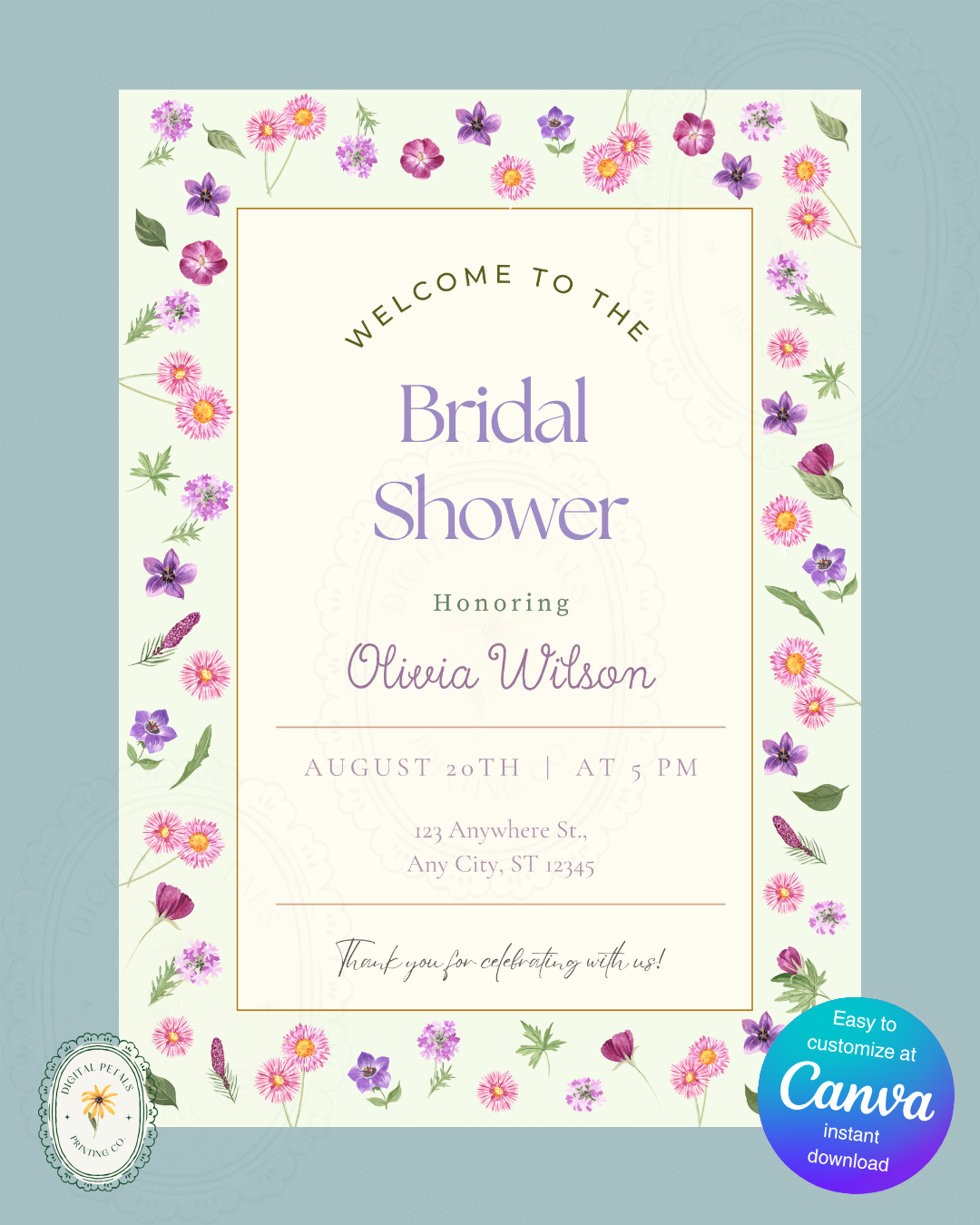 Spring Garden Wildflowers Bridal Shower Welcome Sign Template | Editable Canva Digital Download