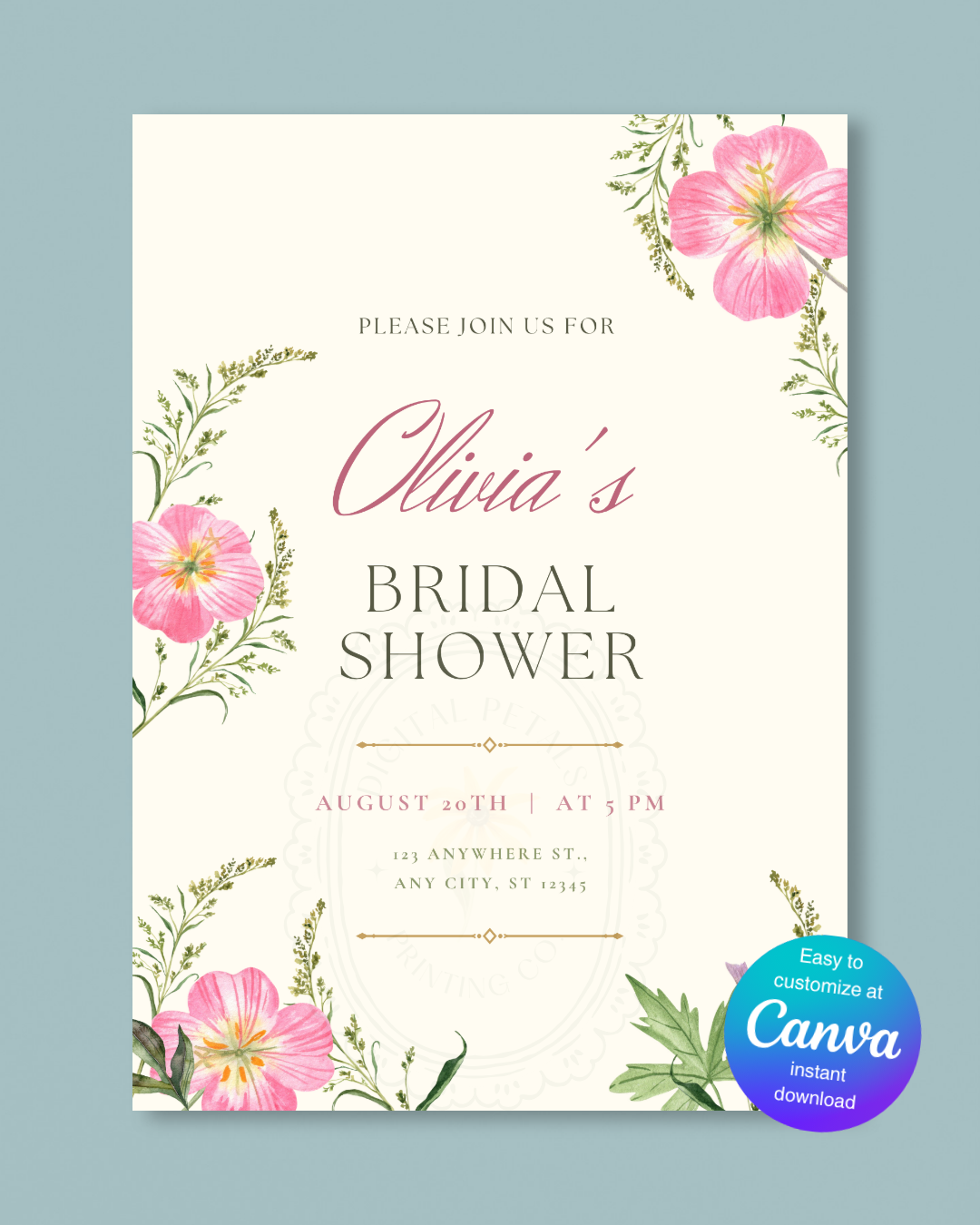 Dusty Rose & Blush Pink Wildflower Bridal Shower Invitation | Minimalist Printable Invite | Digital Download