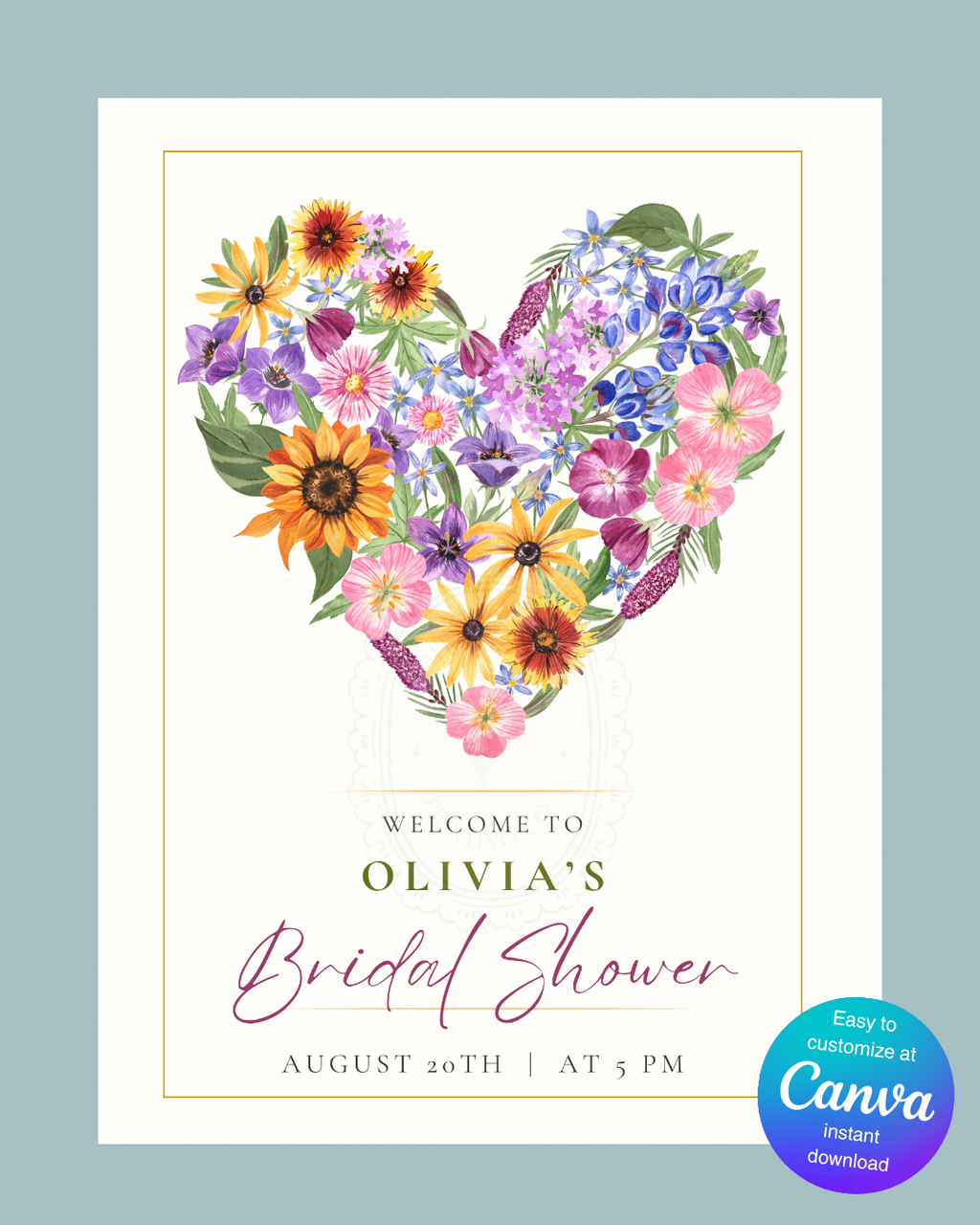 Wildflower Heart Bridal Shower Welcome Sign | Editable Canva Template | Digital Download