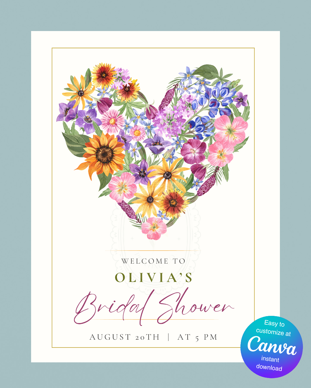 Wildflower Heart Bridal Shower Welcome Sign | Editable Canva Template | Digital Download