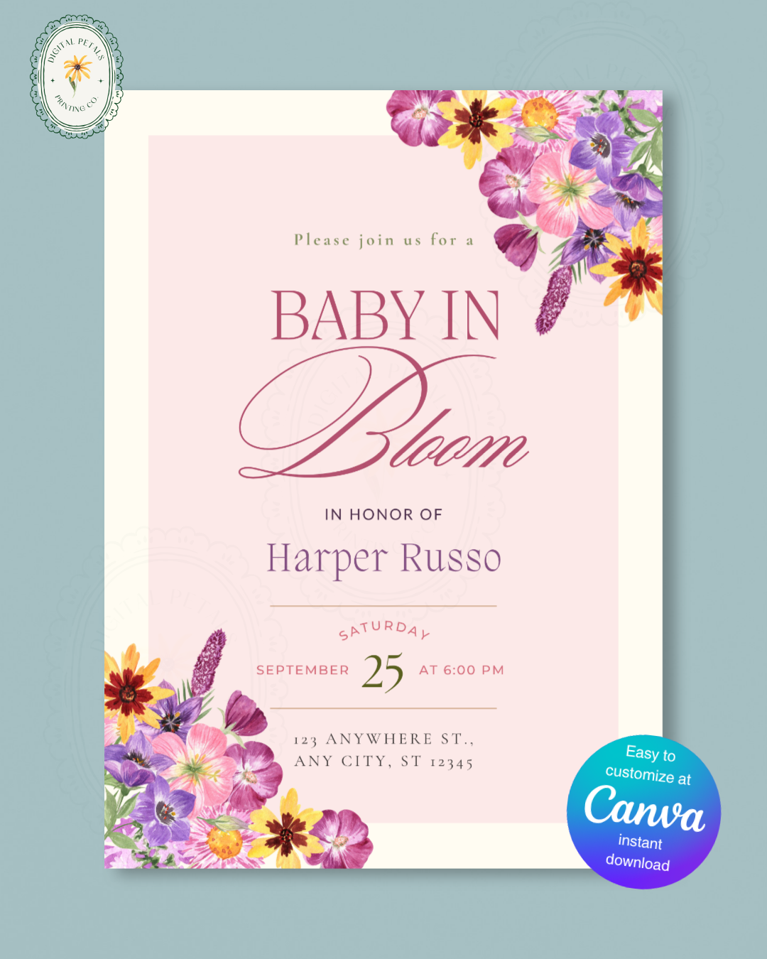 Baby in Bloom Baby Shower Invitation Template | Editable Canva Digital Download