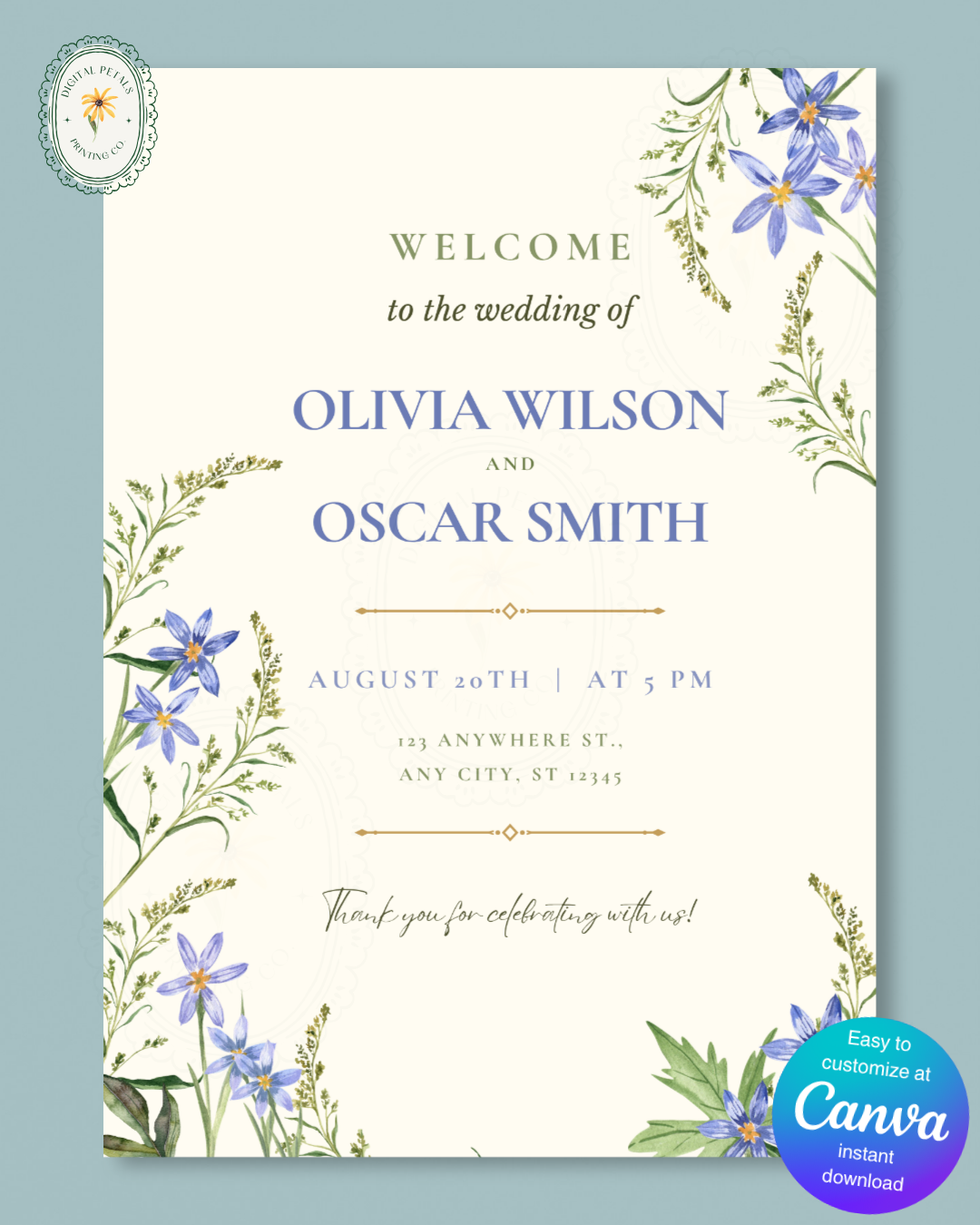 Powder Blue Wildflower Wedding Welcome Sign | Editable Canva Template | Digital Download