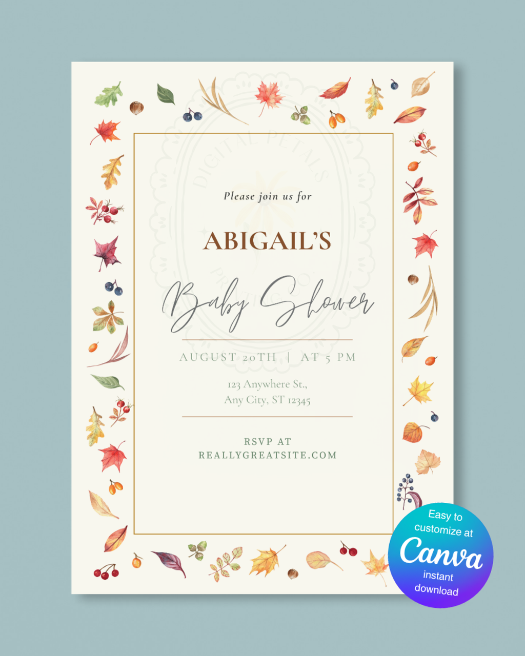 Fall Leaves Baby Shower Invitation Template | Terracotta & Cream | Digital Download