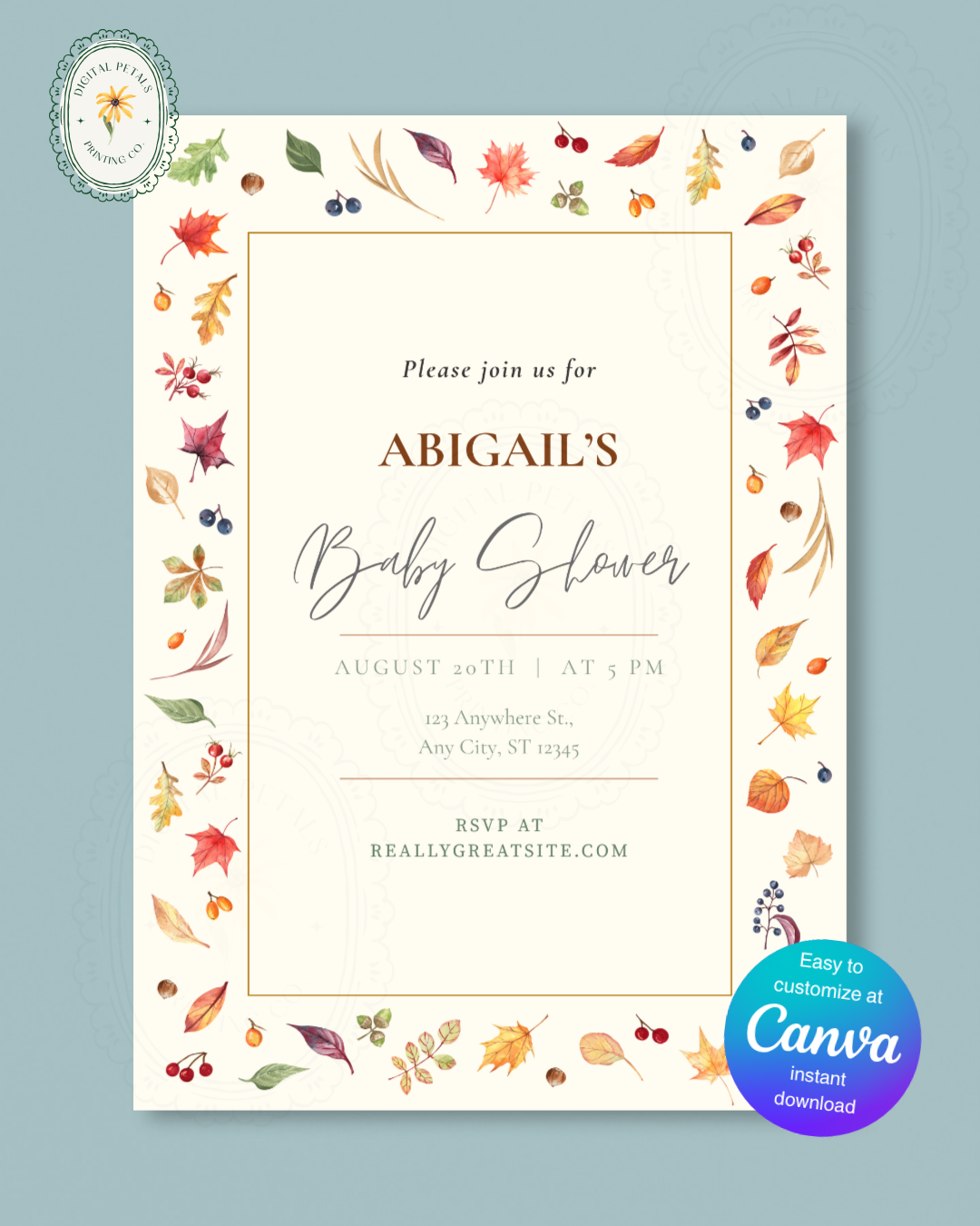 Fall Leaves Baby Shower Invitation Template | Terracotta & Cream | Digital Download