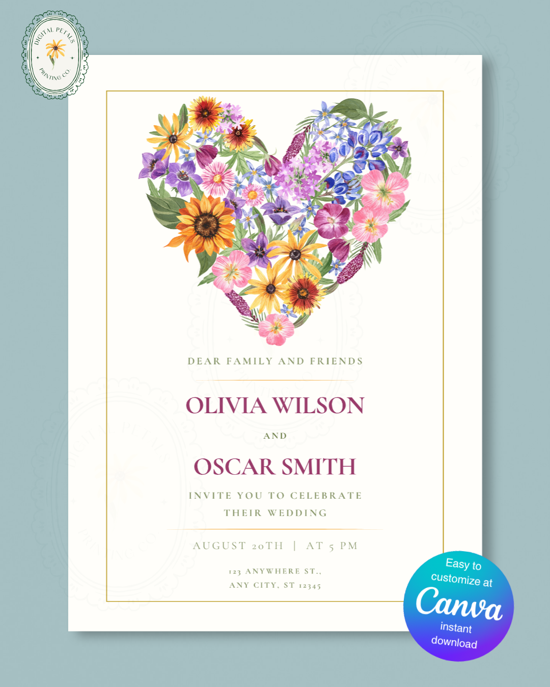 Boho Wildflower Heart Wedding Invitation — Editable Digital Download Template